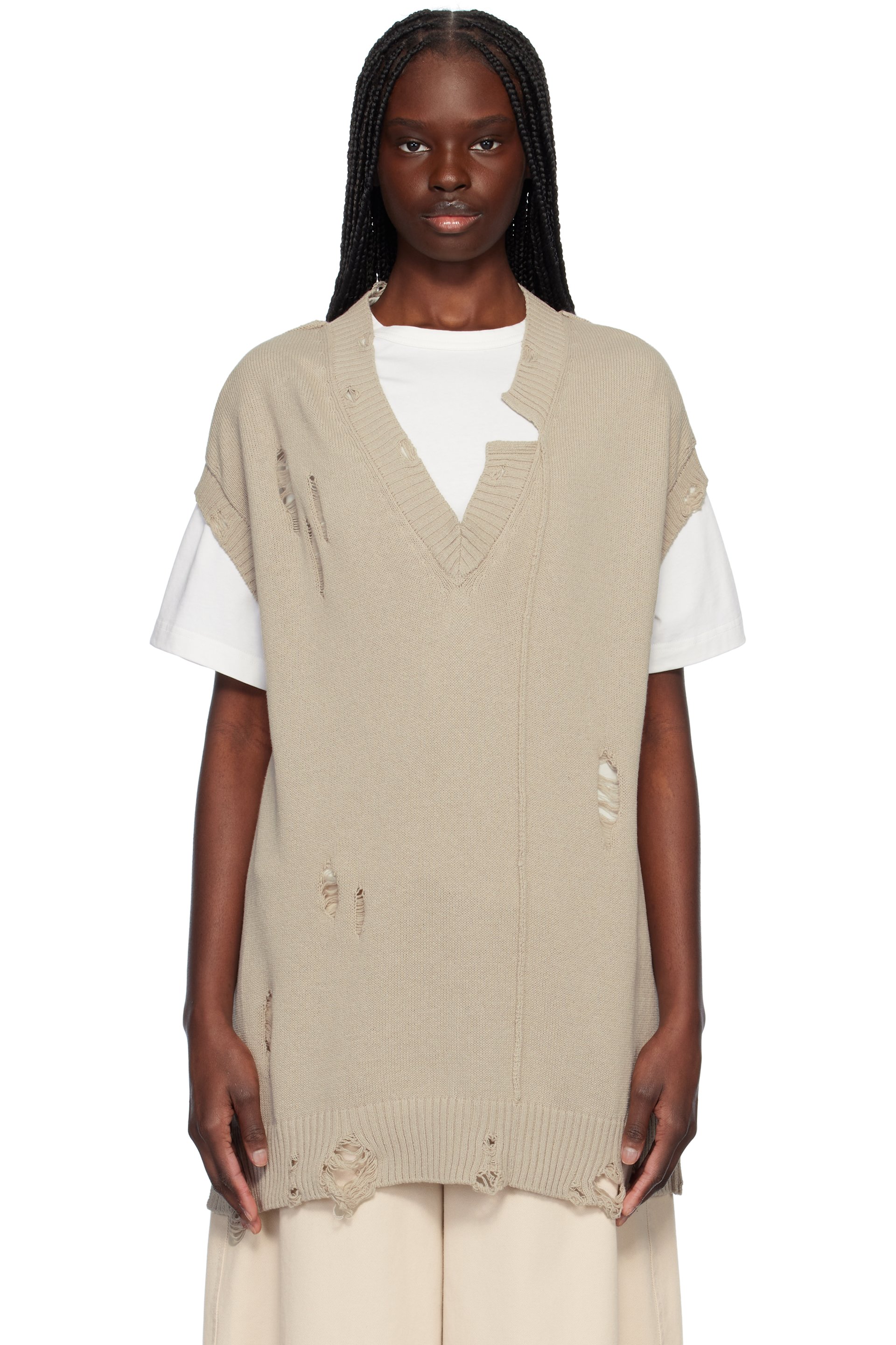 Yohji Yamamoto - Gilet 7G2P taupe en tricot à col en V - POUR HOMME