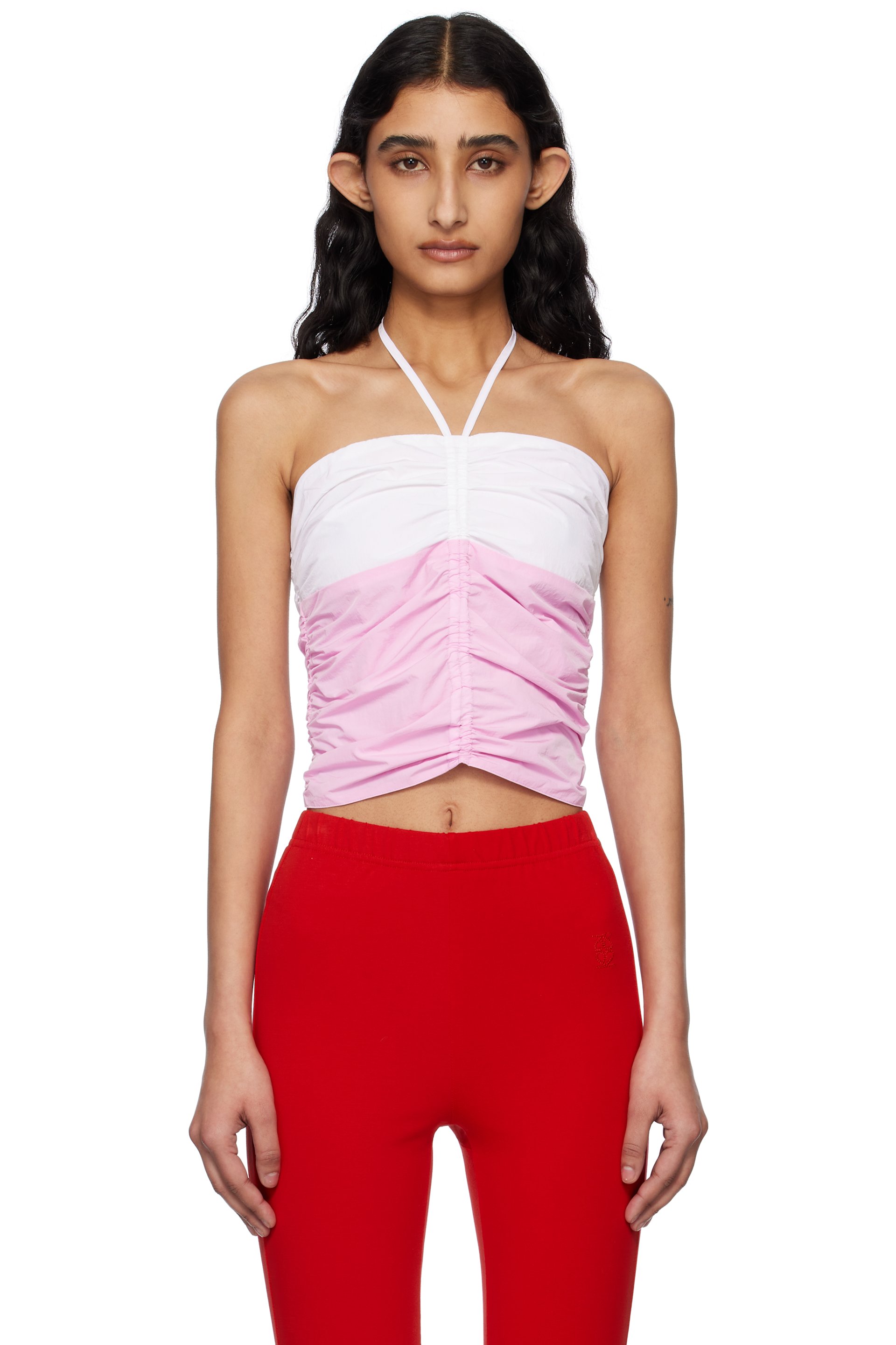 Kijun - Haut bouillonné rose et blanc cassé à corsage bain de soleil