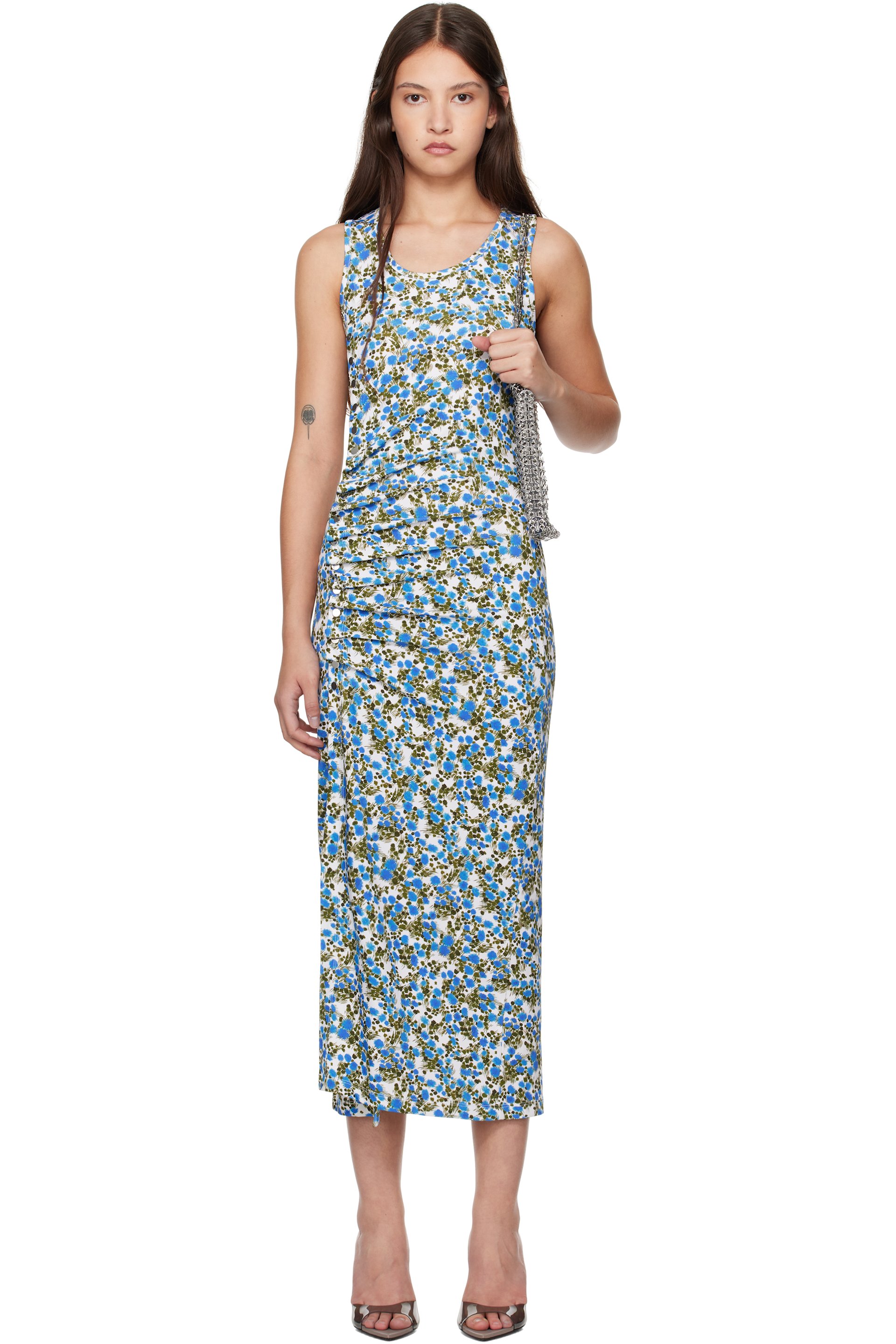 Rabanne - Robe midi bleue à motif fleuri imprimé