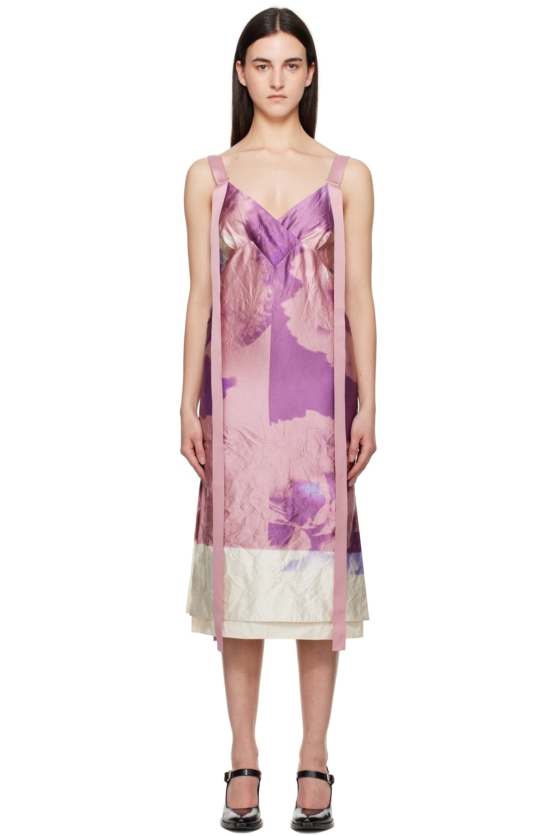 Erdem - Pink & Purple V Neck Slip Cocktail Midi Dress