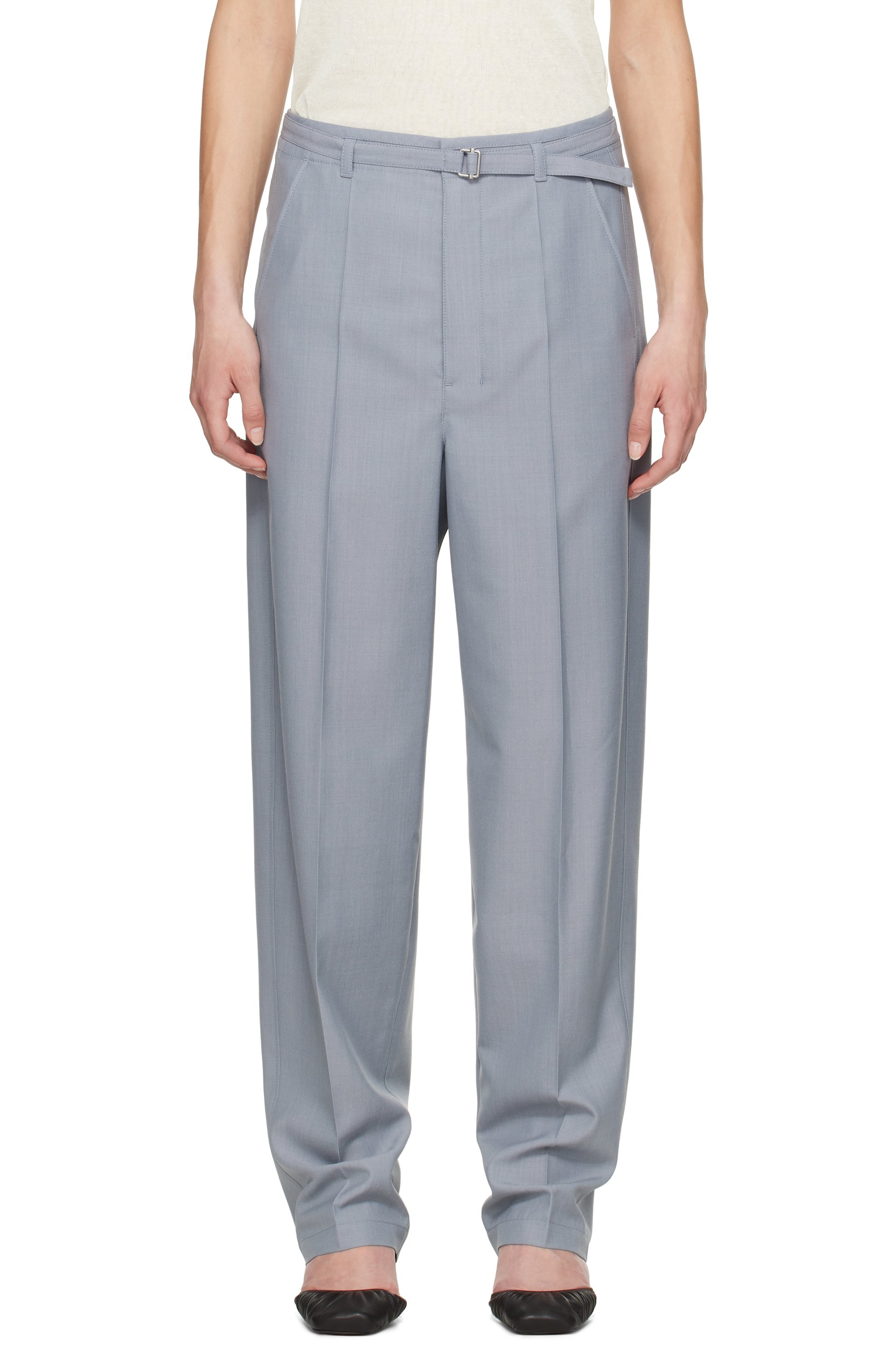 LEMAIRE - Pantalon façon tailleur bleu à ceinture