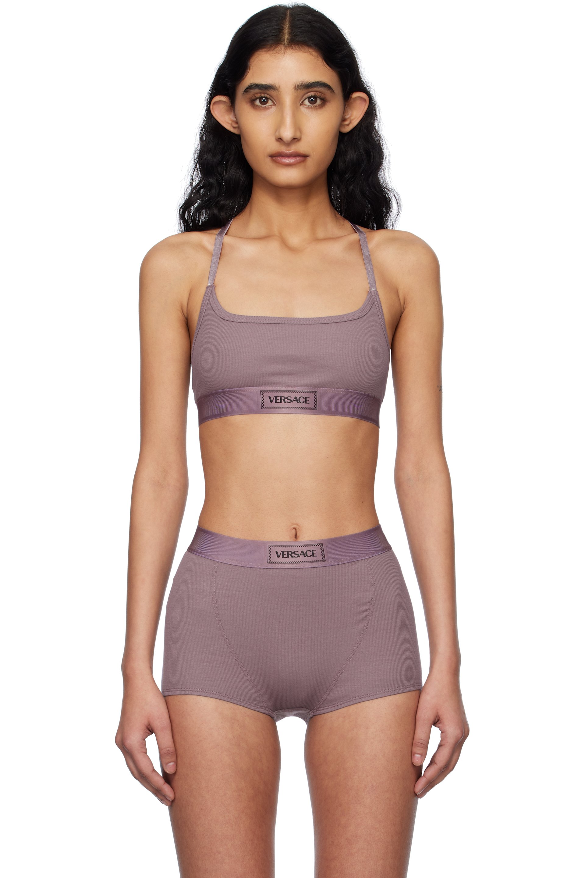 Versace Underwear - Soutien-gorge mauve en jersey côtelé à logo rétro '90s