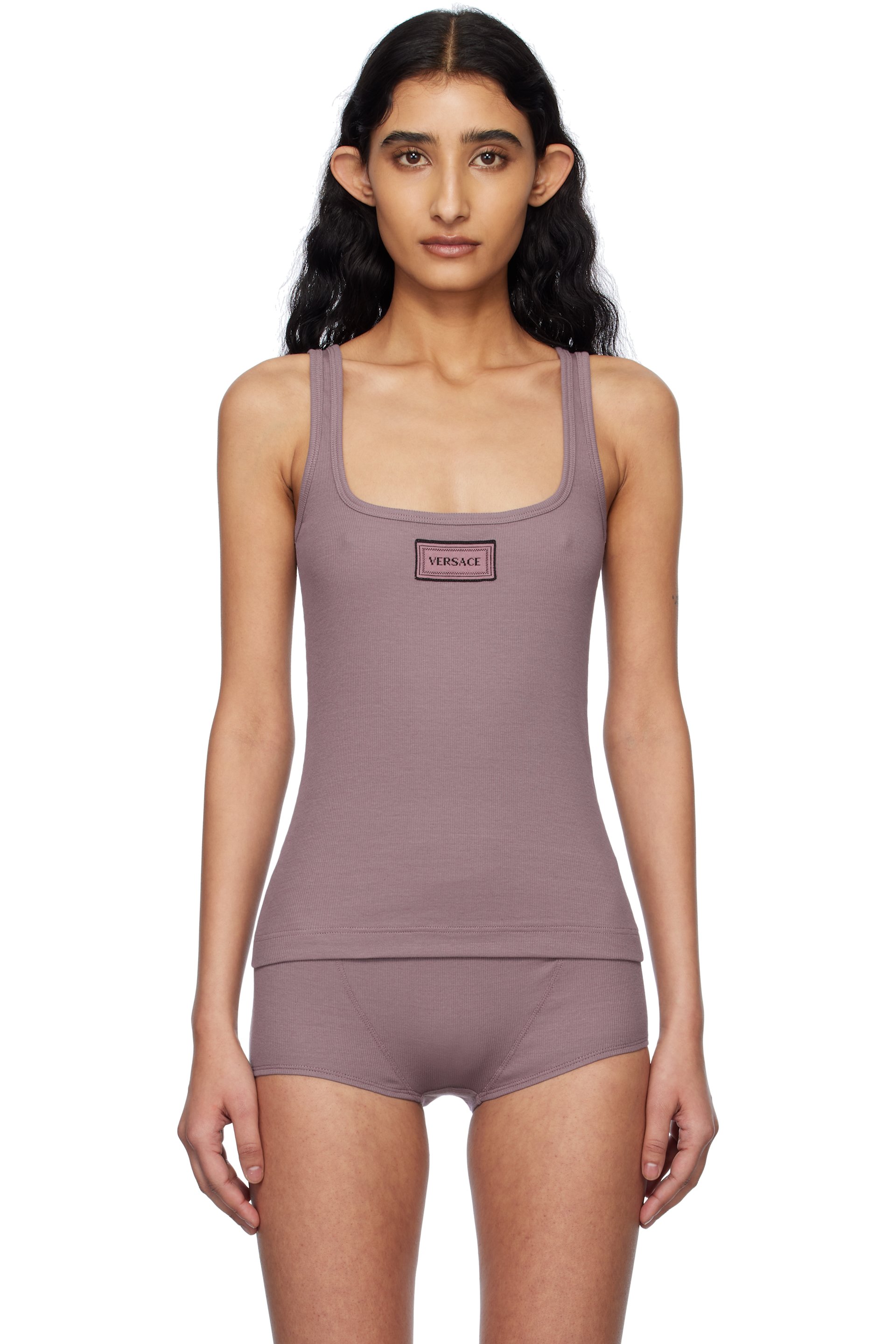 Versace Underwear - Débardeur mauve en jersey côtelé à logo rétro '90s