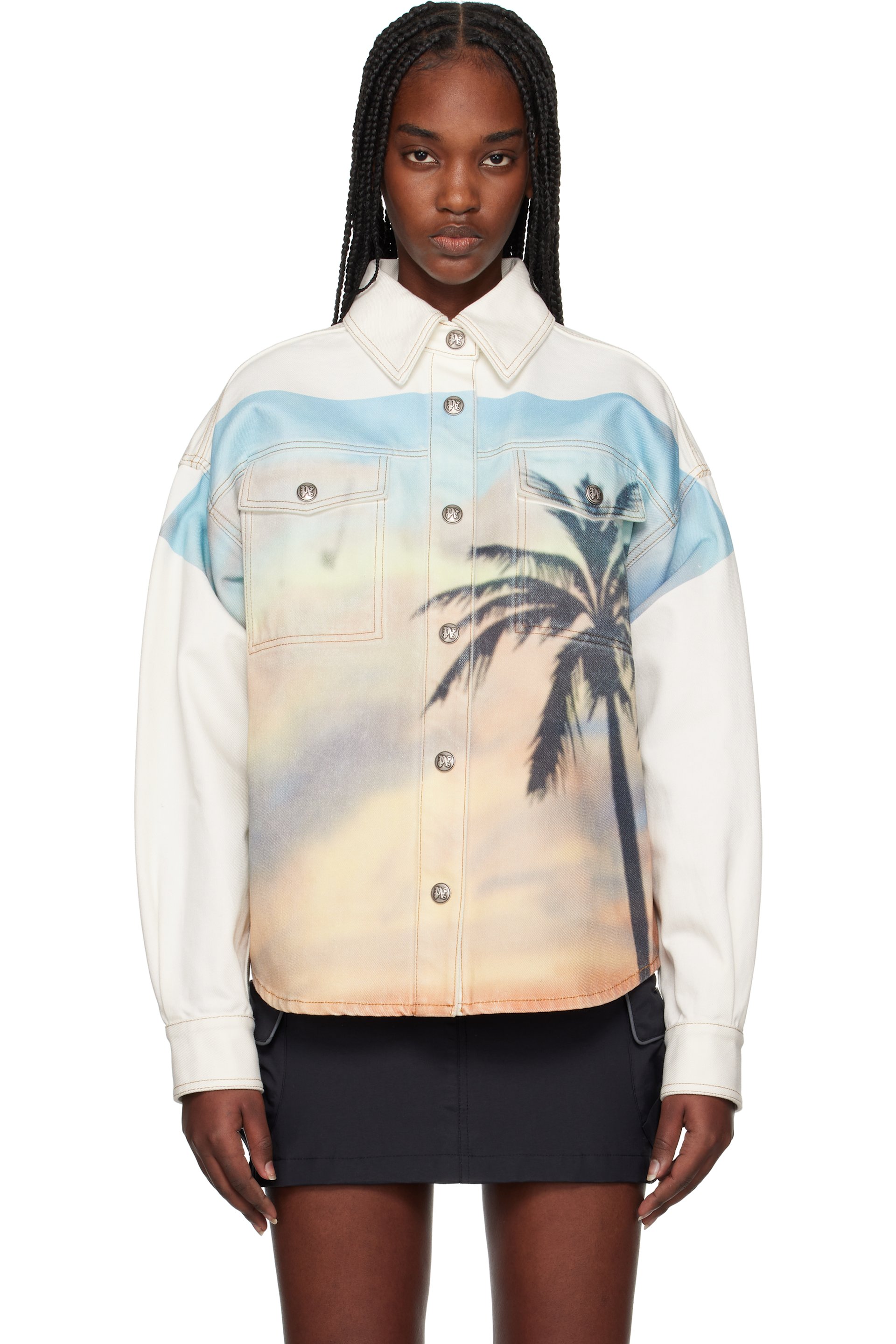 Palm Angels - Surchemise blanc cassé en denim à imprimé Sunrise Palm