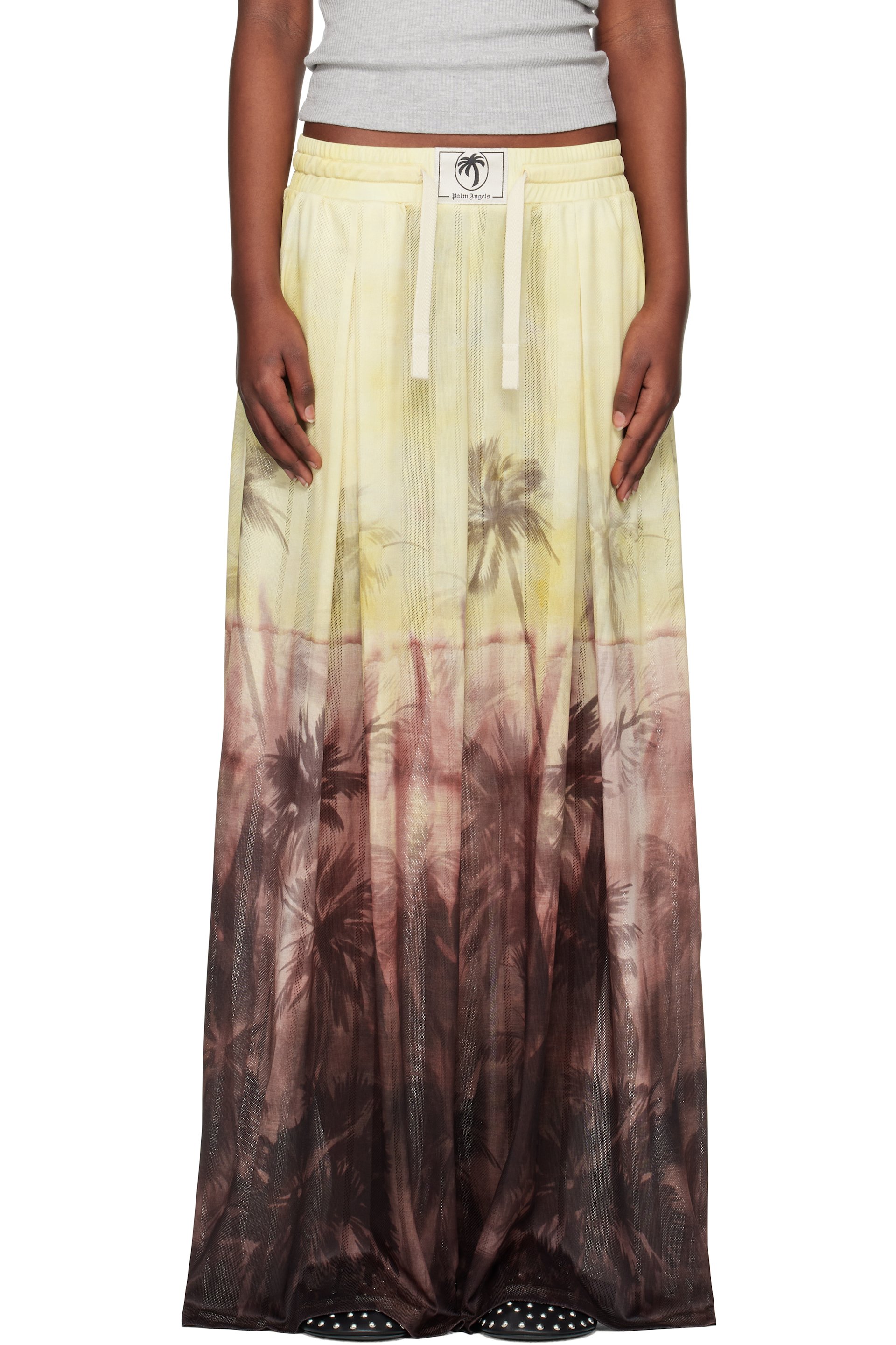 Palm Angels - Pantalon jaune et brun en filet à motif de coucher de soleil et palmiers
