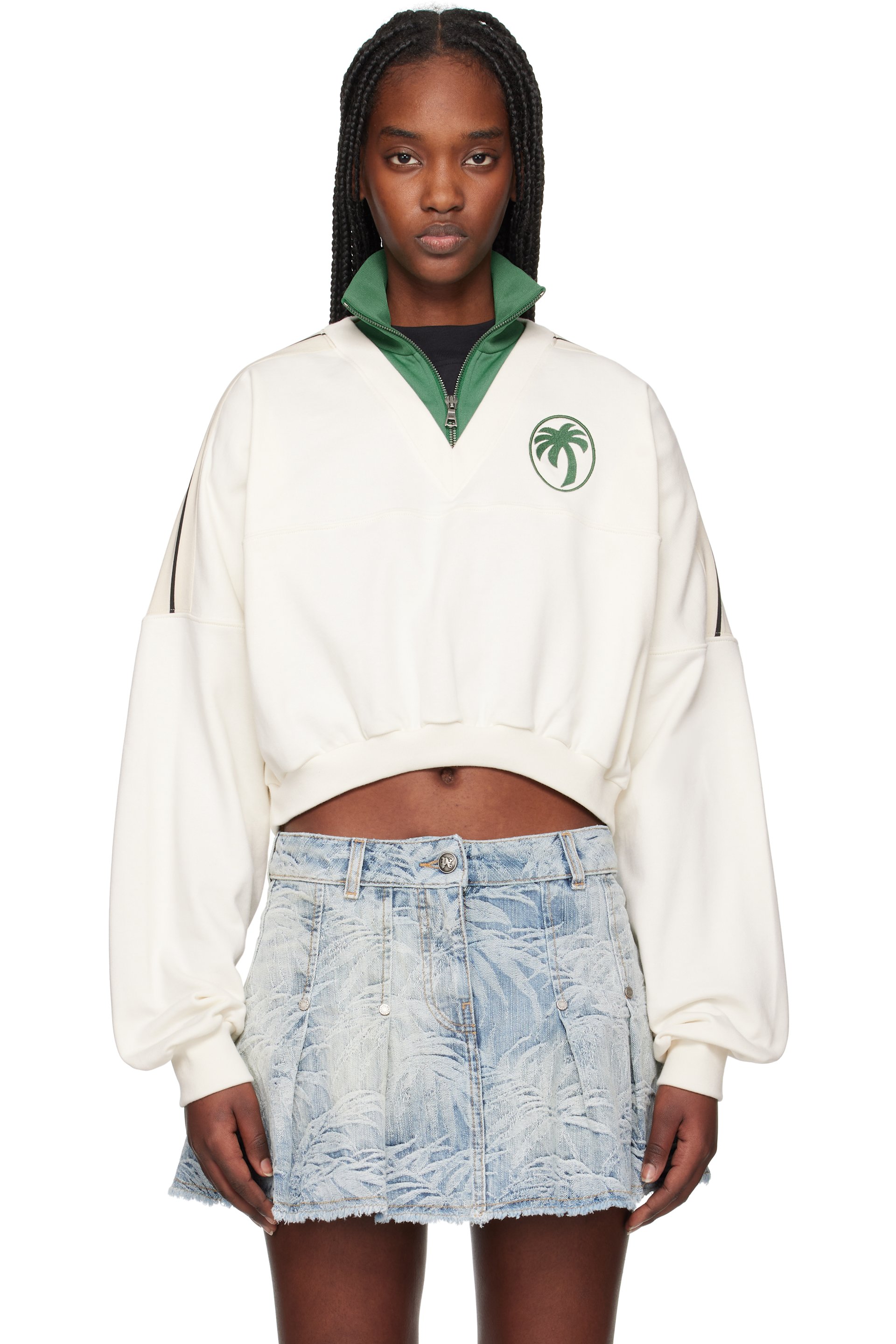 Palm Angels - Pull molletonné blanc cassé et vert à image d'ovale et de palmier