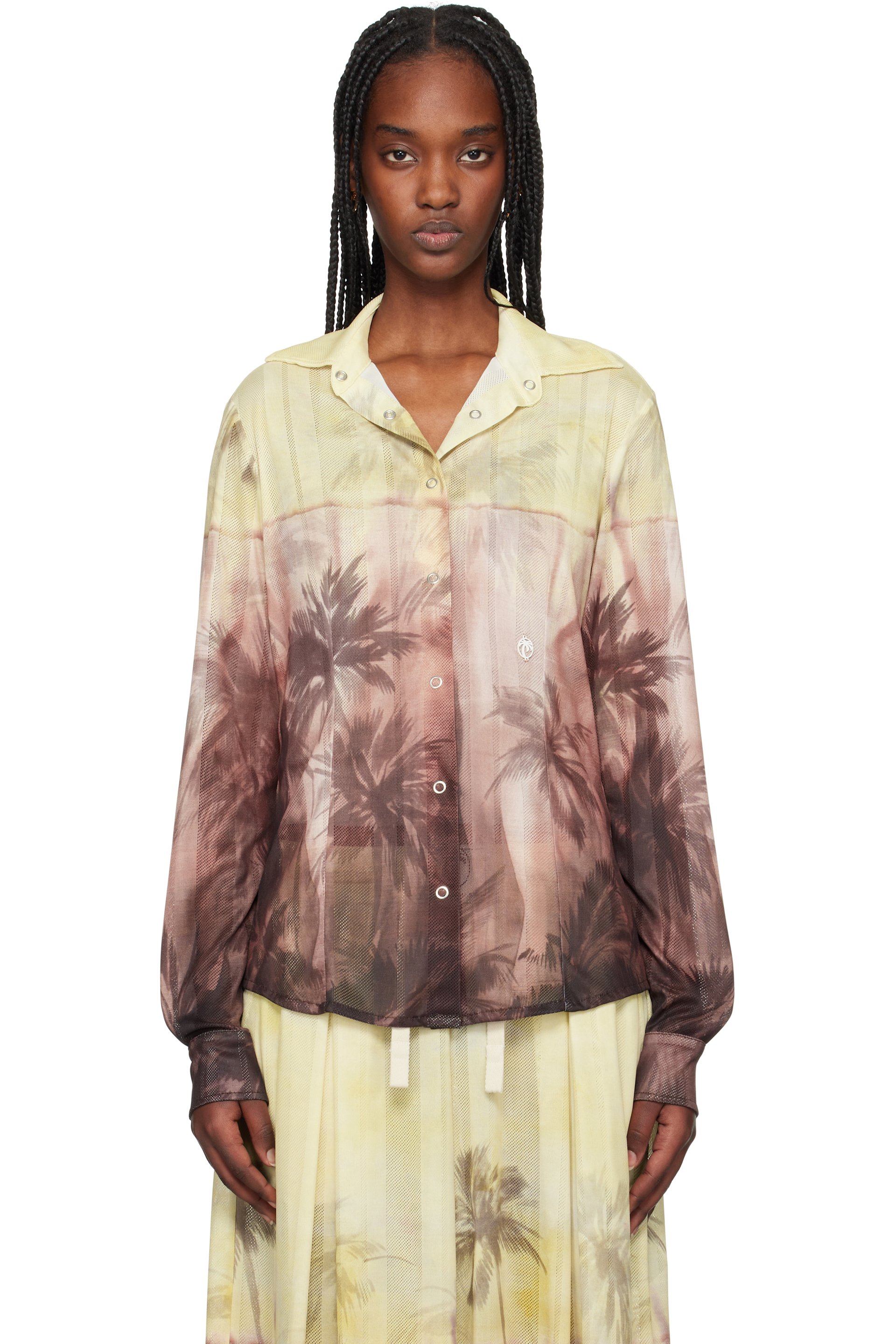 Palm Angels - Chemise jaune et brun à motif de coucher de soleil et palmiers