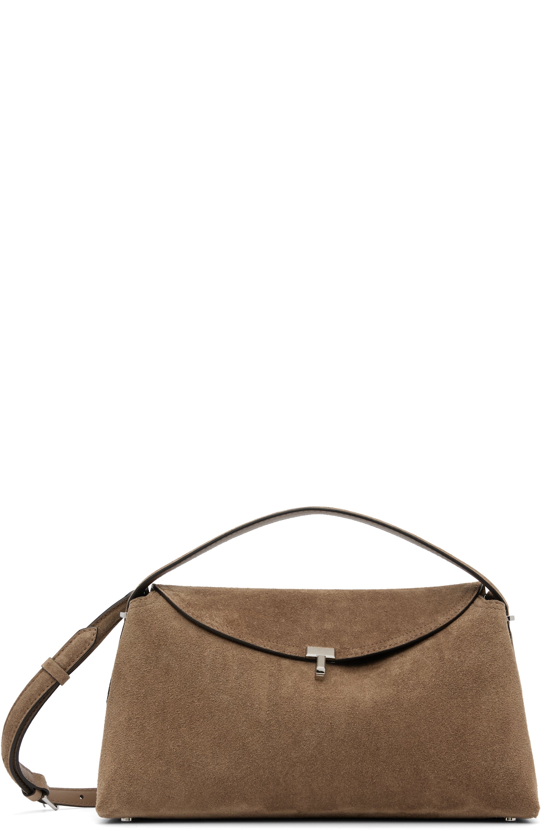 TOTEME - Sac à main taupe en suède à fermoir à verrou tournant en T