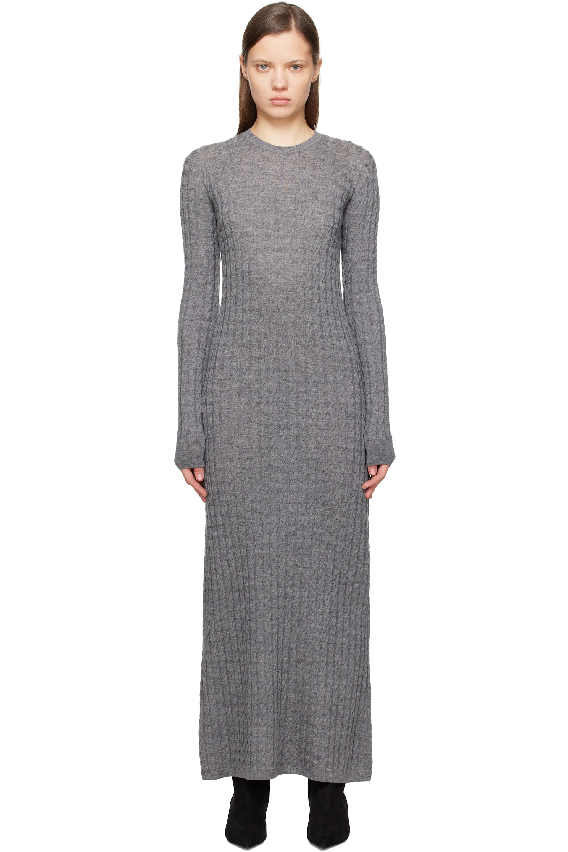 TOTEME - Robe longue grise en tricot câblé