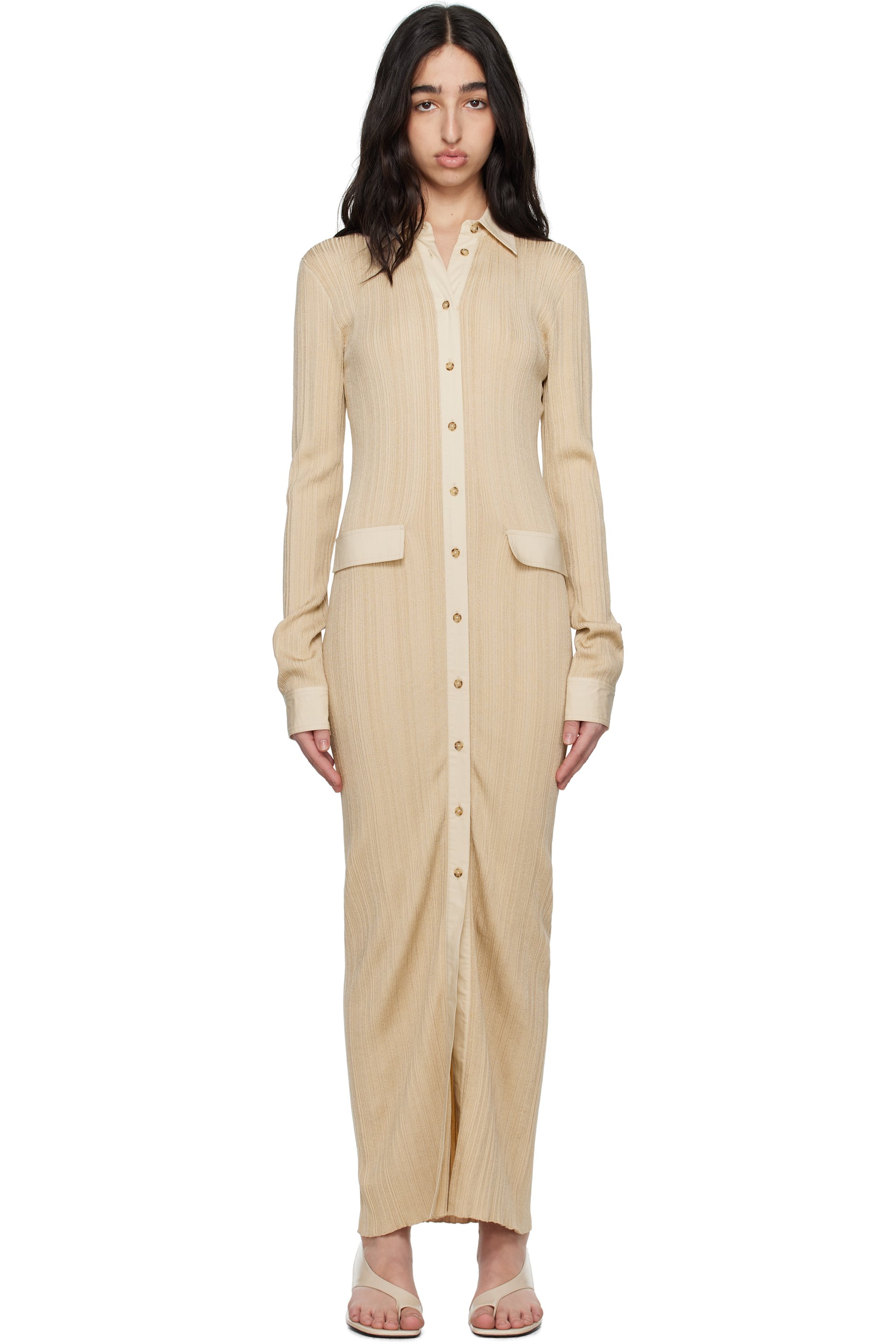 TOTEME - Robe longue de style chemise beige en tricot