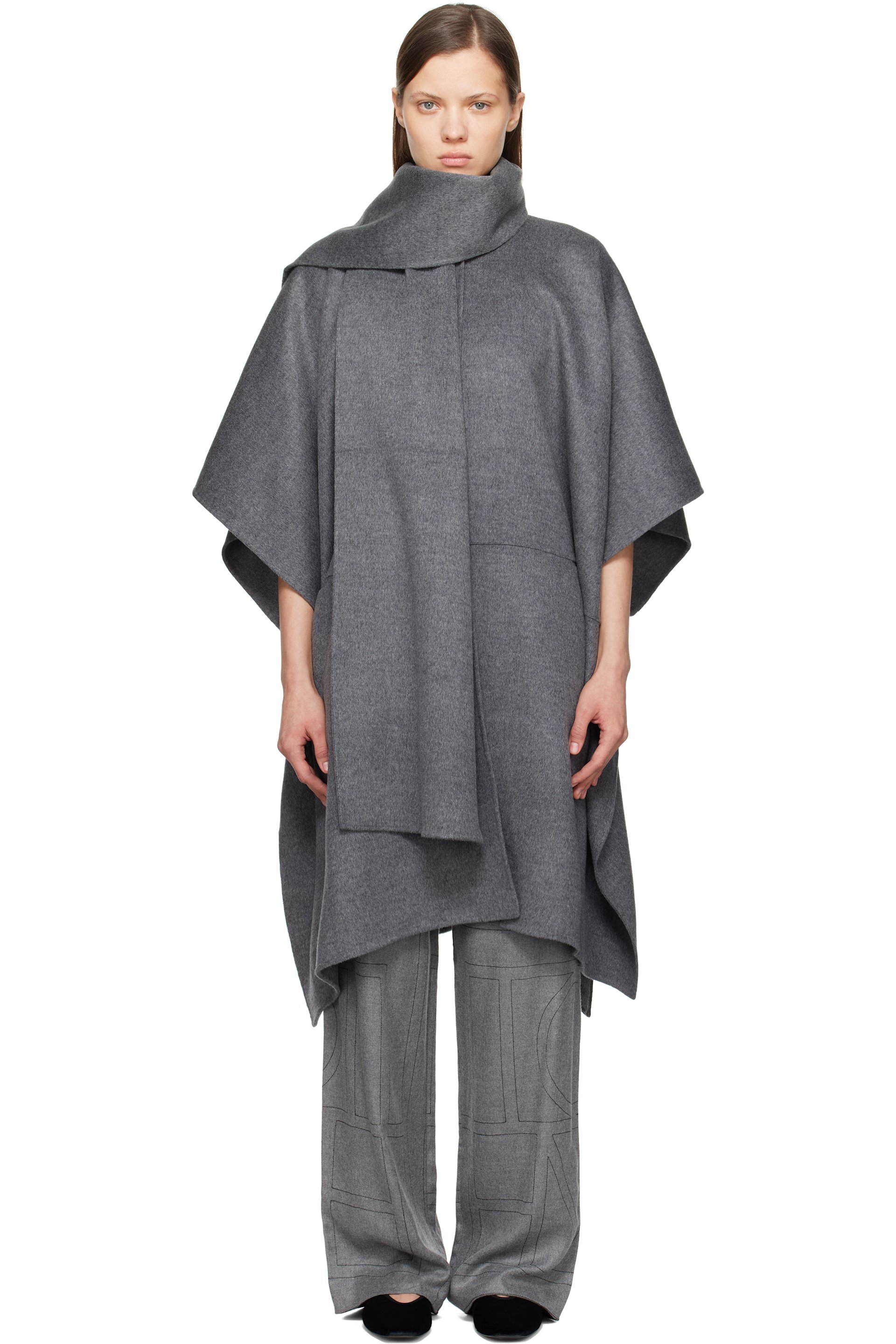 TOTEME - Manteau gris en melton double face à écharpe amovible