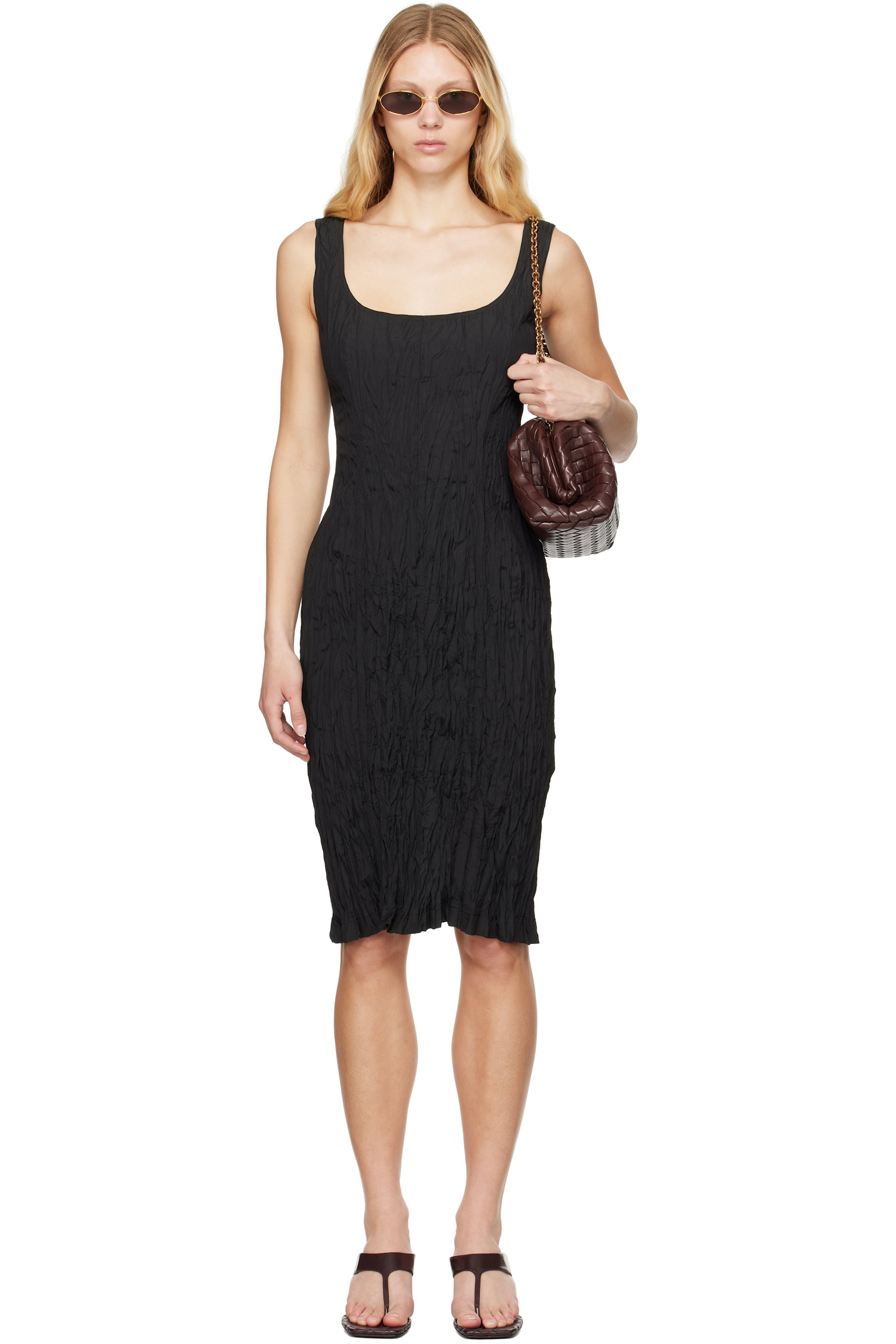 Bottega Veneta - Robe midi noire en taffetas froissé