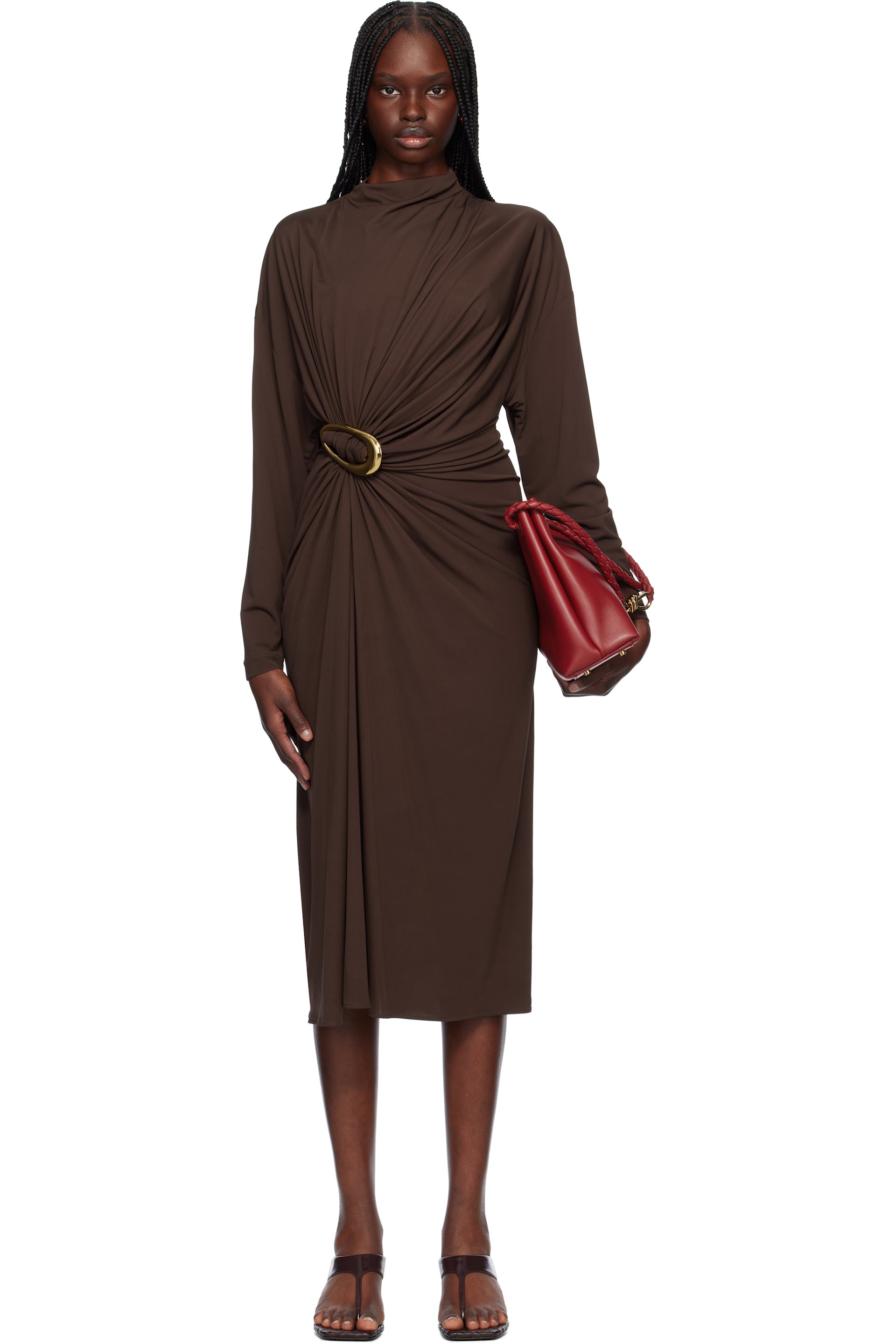 Bottega Veneta - Robe midi brune en crêpe de viscose