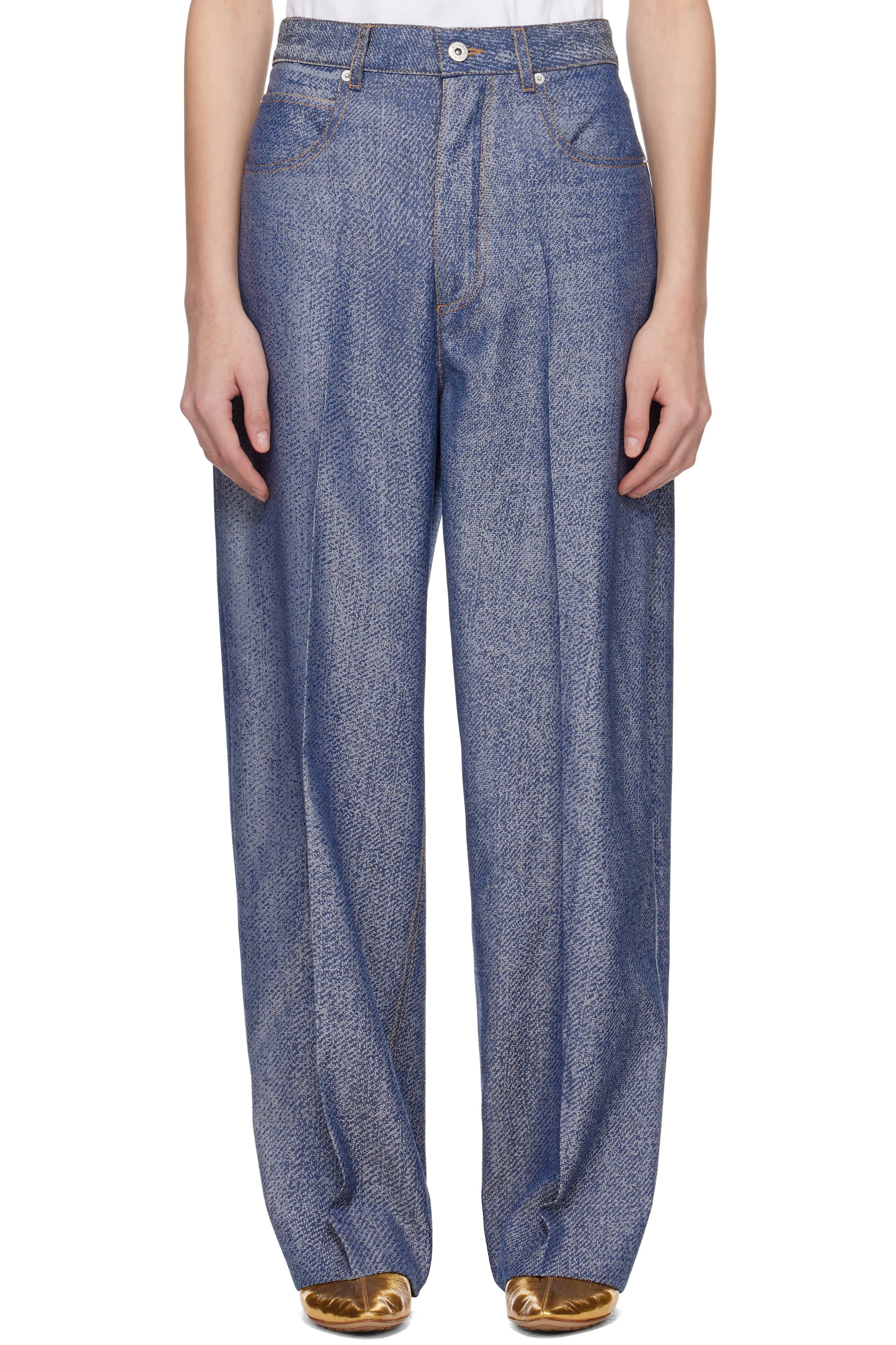 Bottega Veneta - Pantalon ample bleu et blanc à motif de denim en jacquard