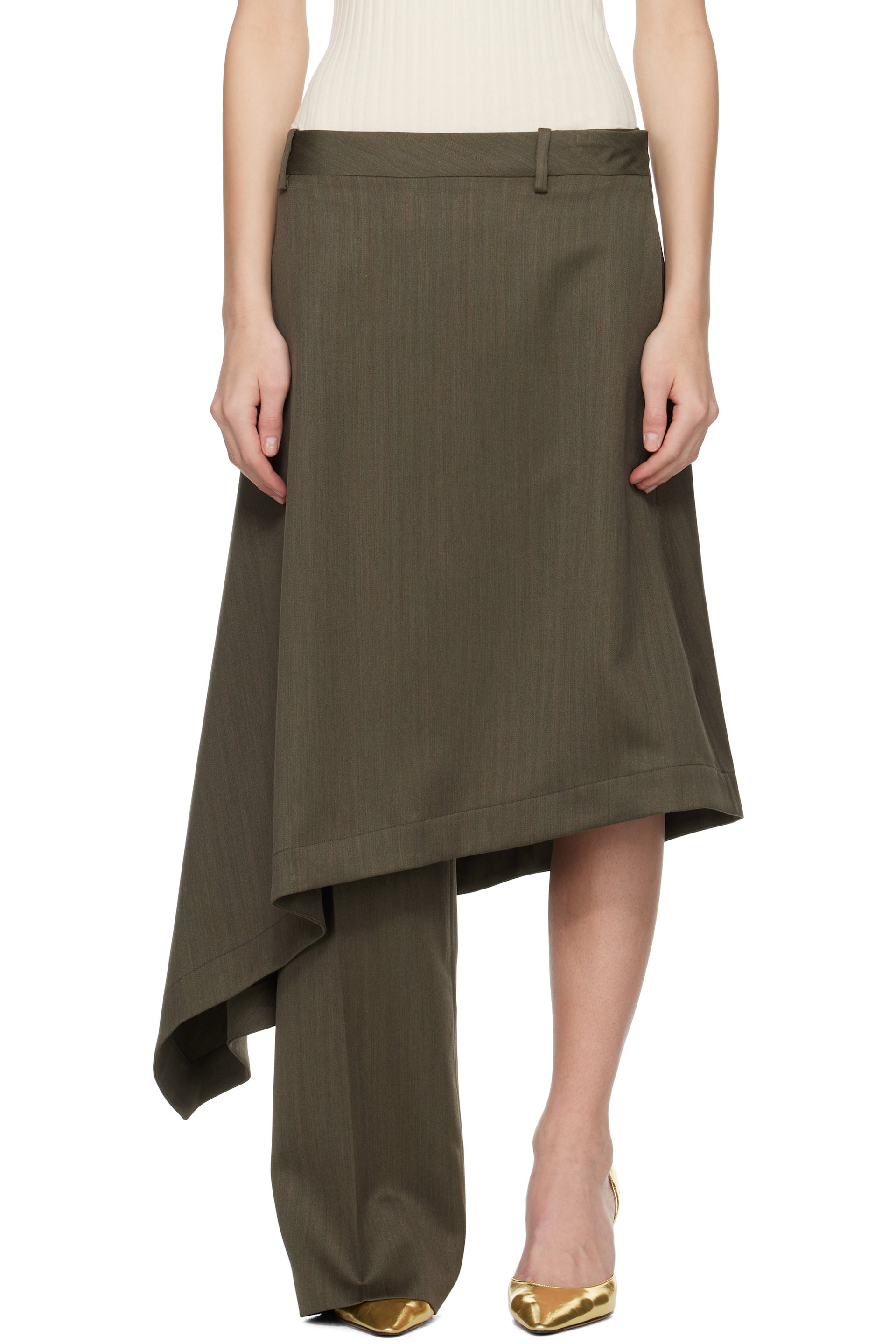 Bottega Veneta - Pantalon kaki en laine à empiècement de jupe et à rayures chevronnées