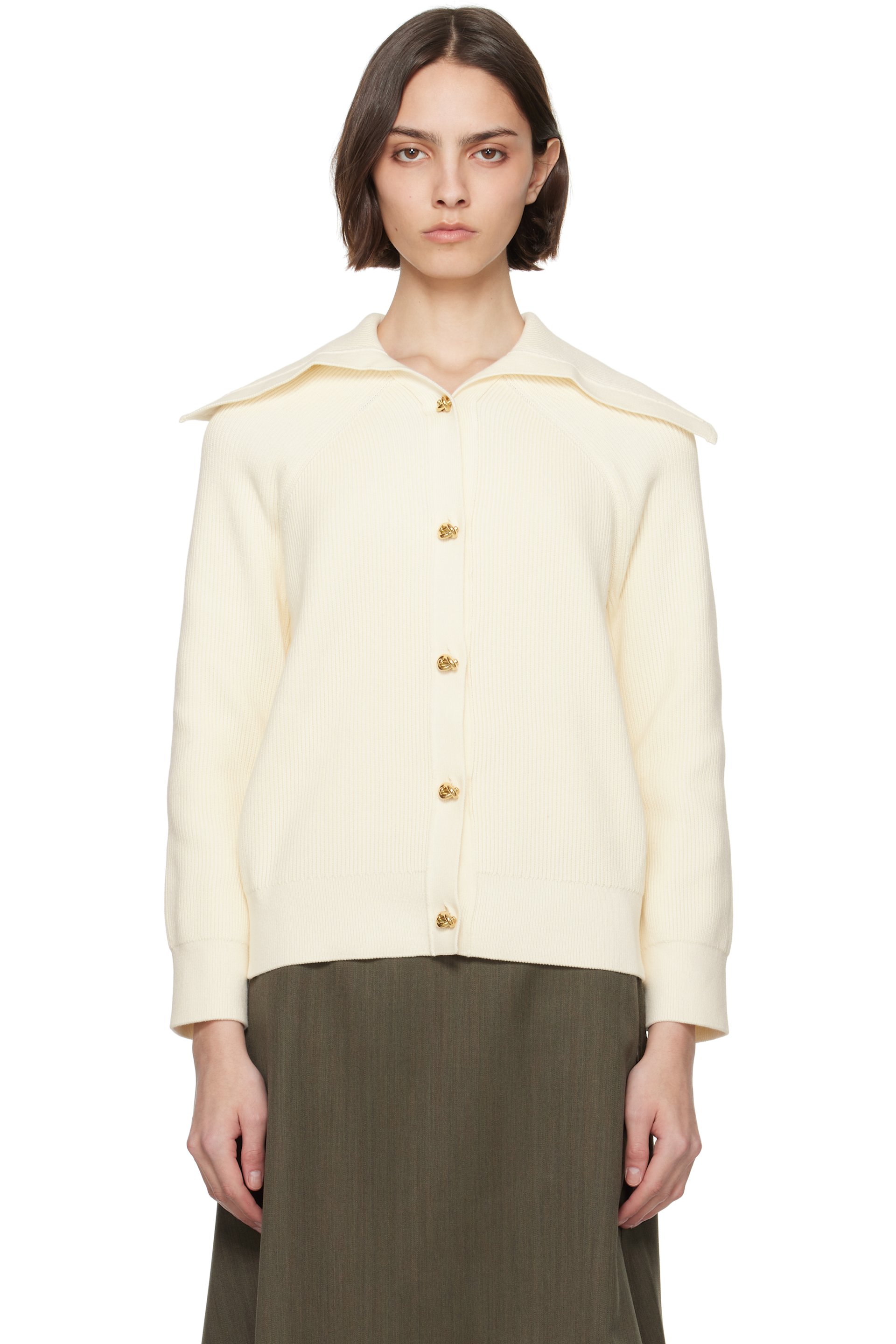 Bottega Veneta - Cardigan blanc cassé en tricot côtelé de coton