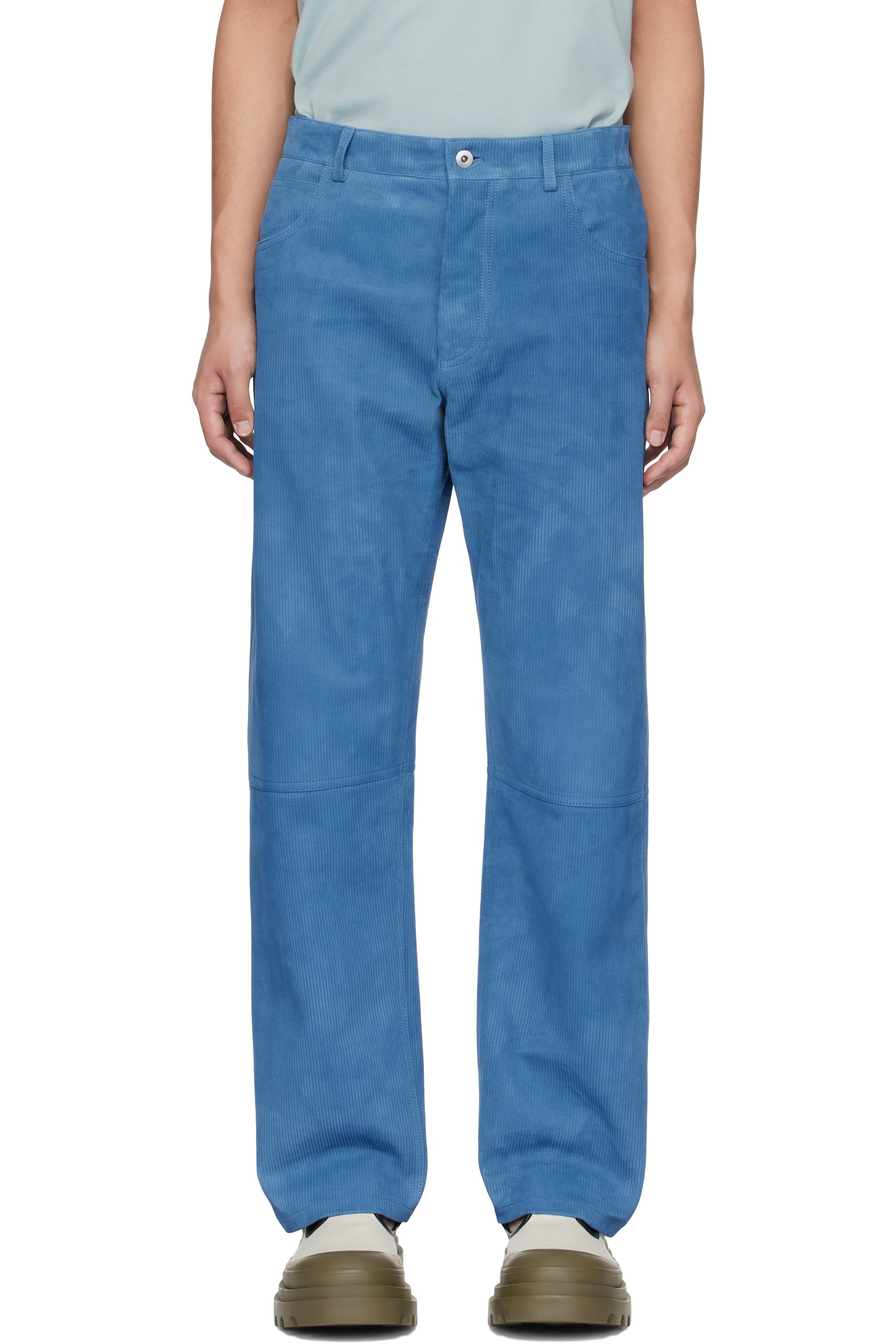 Bottega Veneta: Blue Embossed Corduroy Suede Trousers | SSENSE