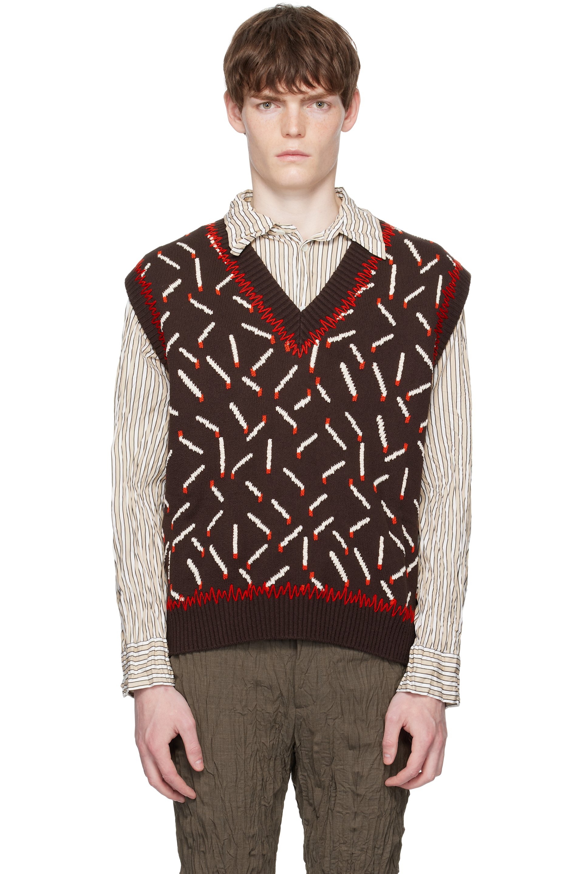 Bottega Veneta - Gilet brun en coton à motif d'allumettes en jacquard