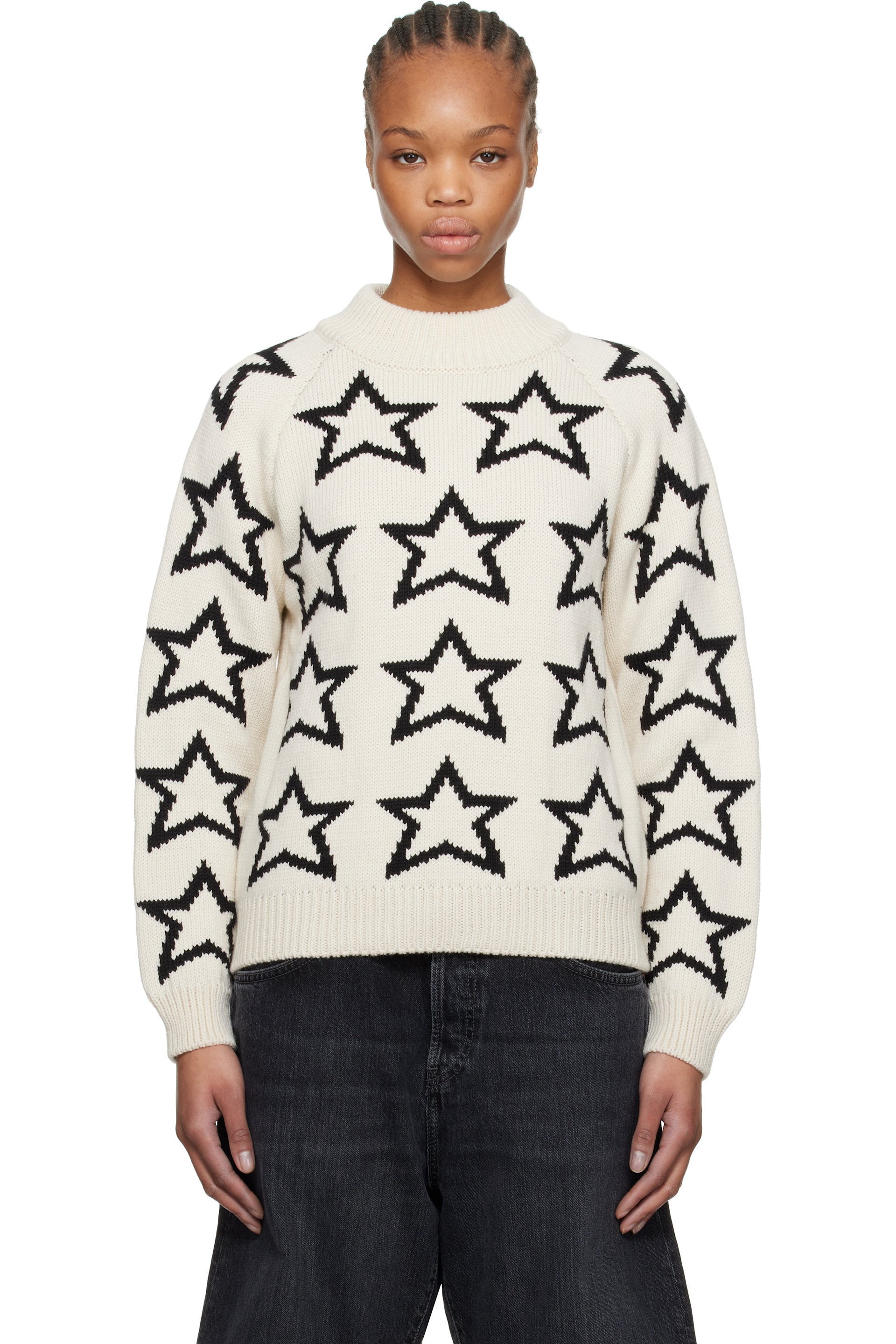 Re/Done - Pull beige et noir à motif étoilé et à col cheminée