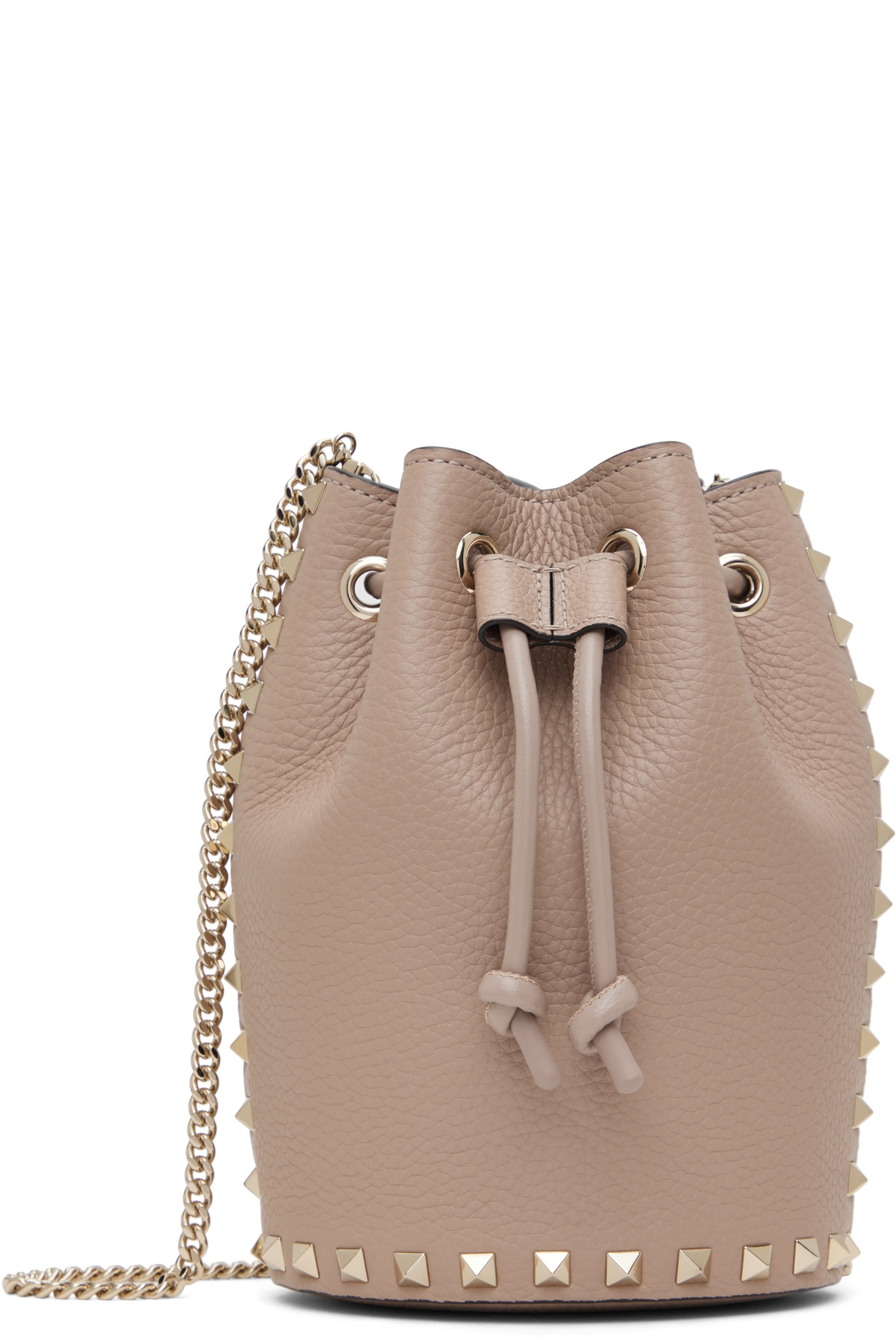 Valentino Garavani - Mini sac taupe à cordon coulissant et à clous Rockstud