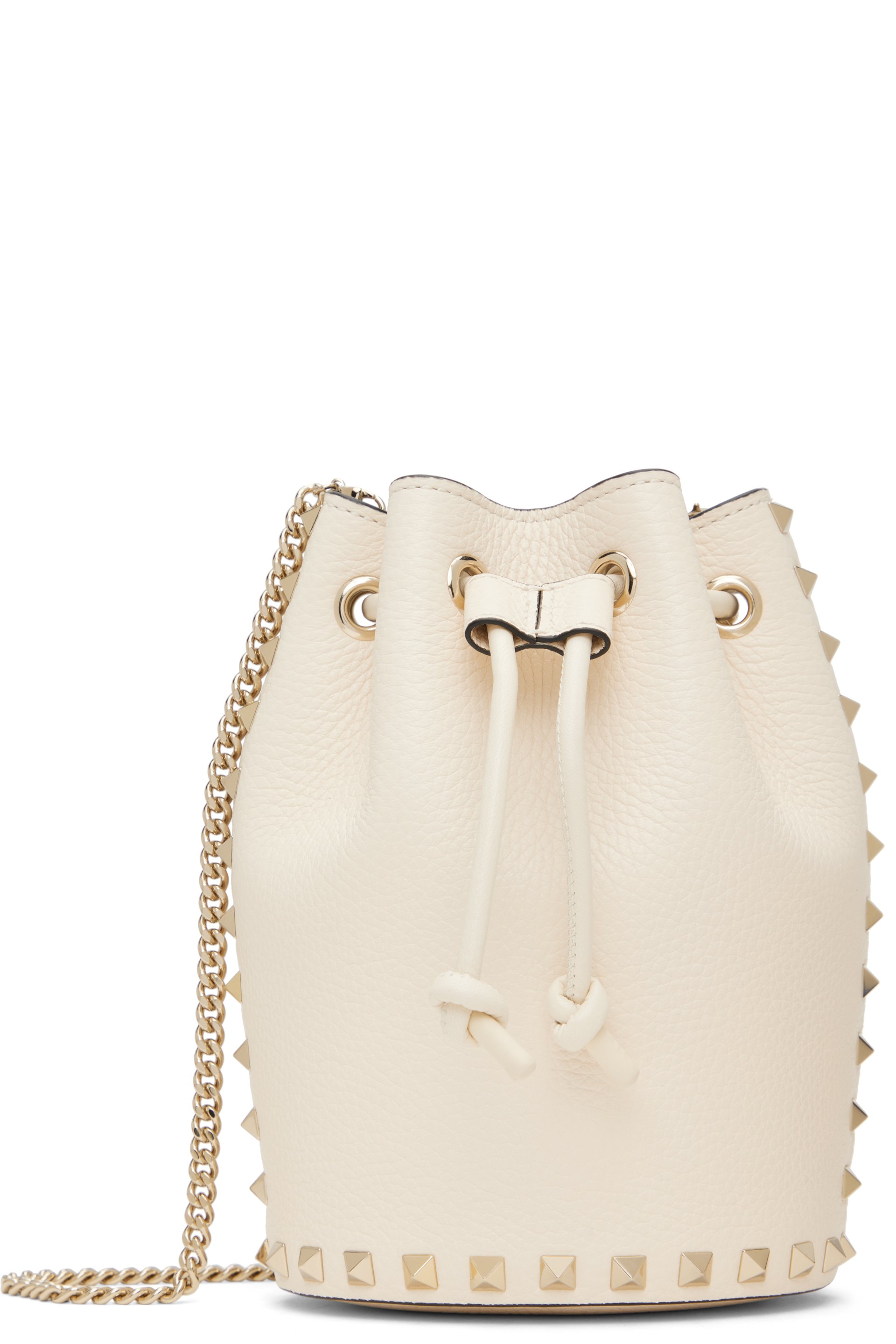 Valentino Garavani - Mini sac blanc cassé à cordon coulissant et à clous Rockstud