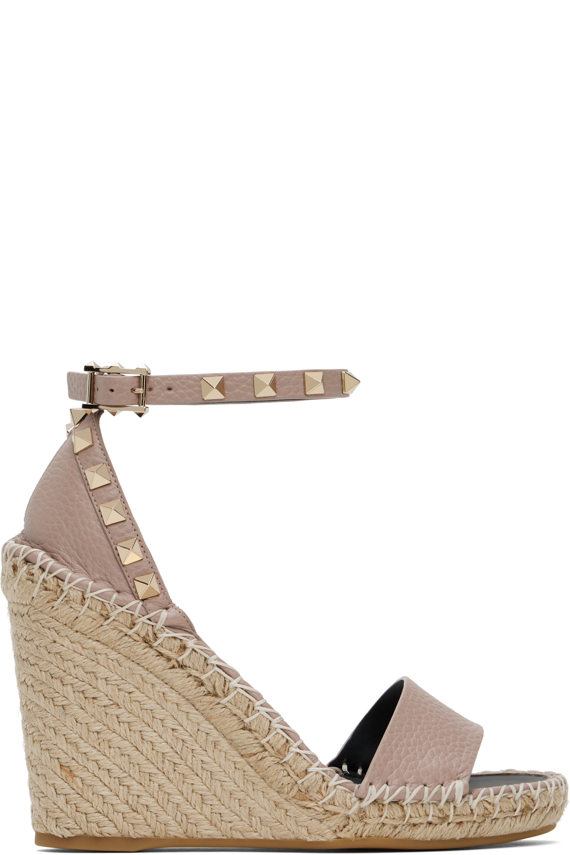 Valentino Garavani - Sandales à talon compensé roses en cuir de veau grainé à clous Rockstud