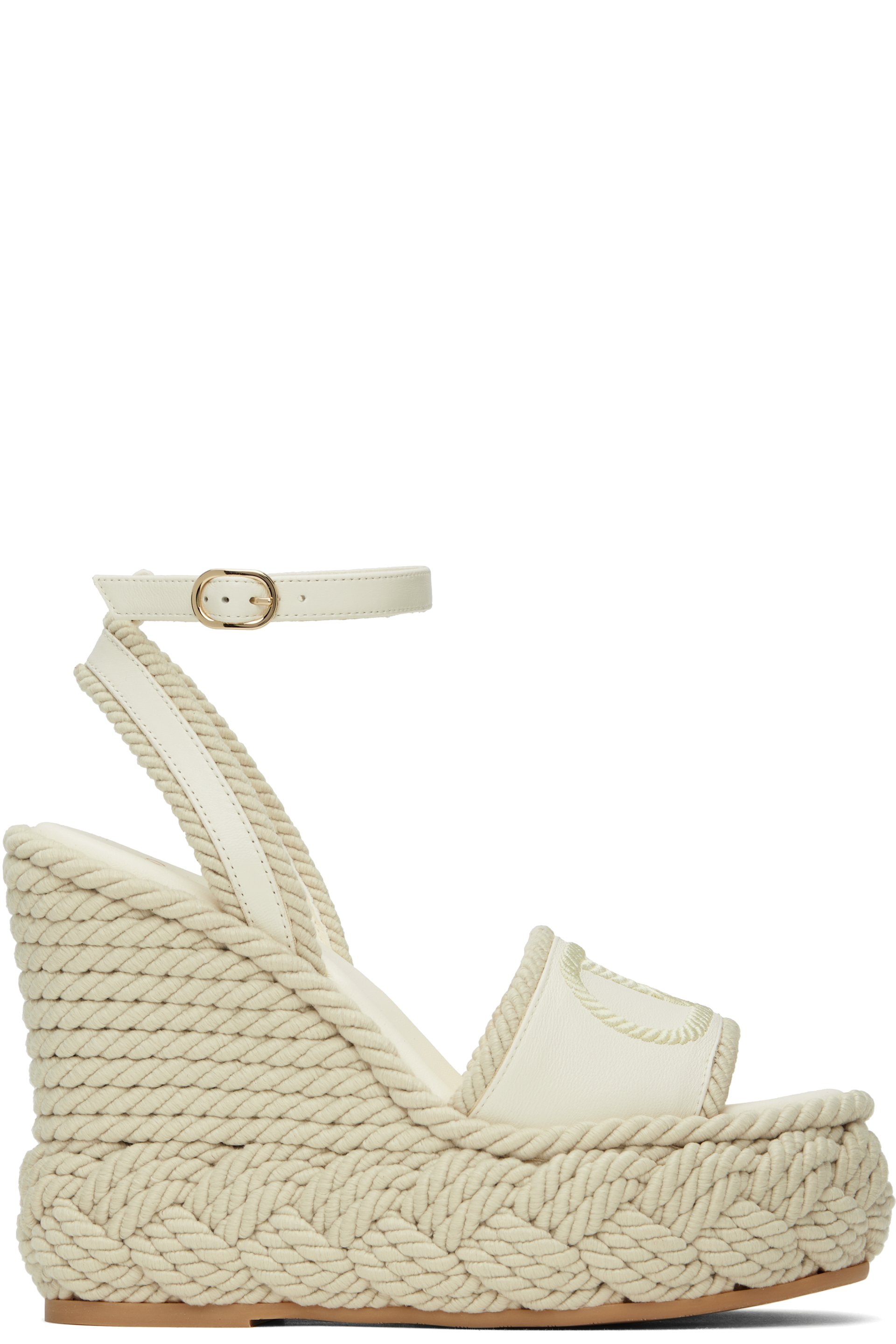 Valentino Garavani - Sandales blanc cassé en cordons de soie à talon compensé et à logo en V