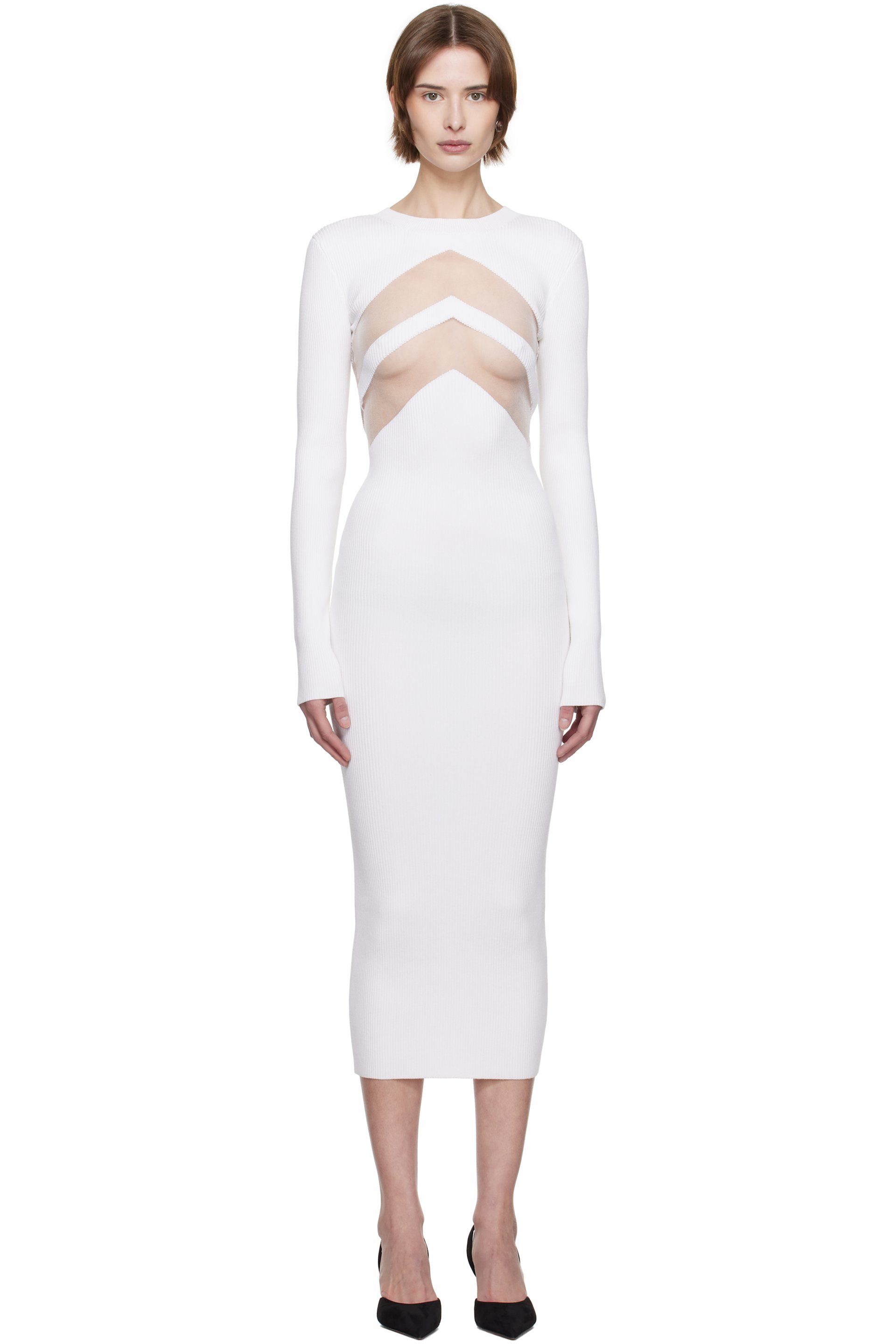 Jean Paul Gaultier - Robe midi blanche à panneaux transparents