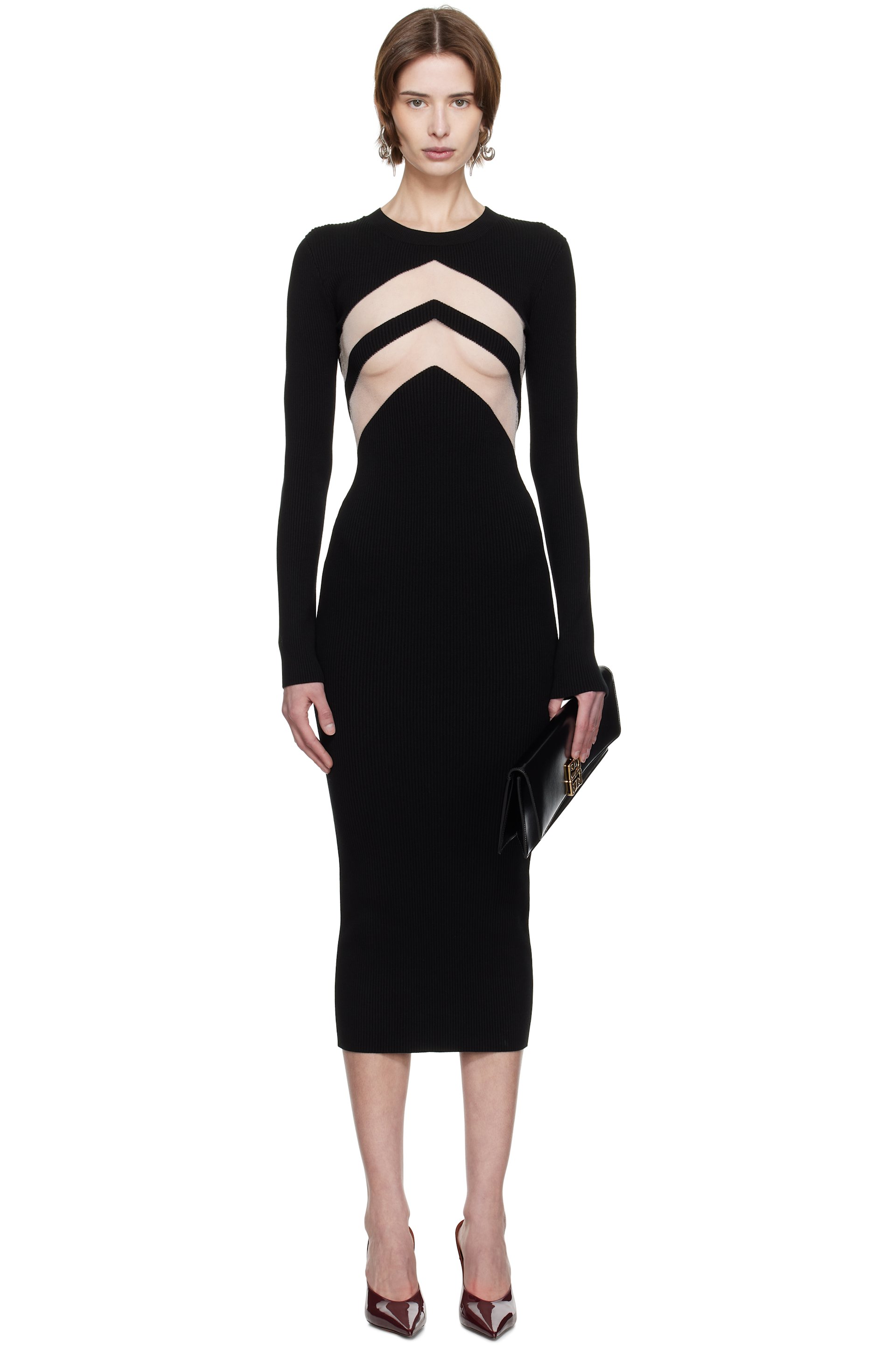 Jean Paul Gaultier - Robe midi noire à panneaux transparents