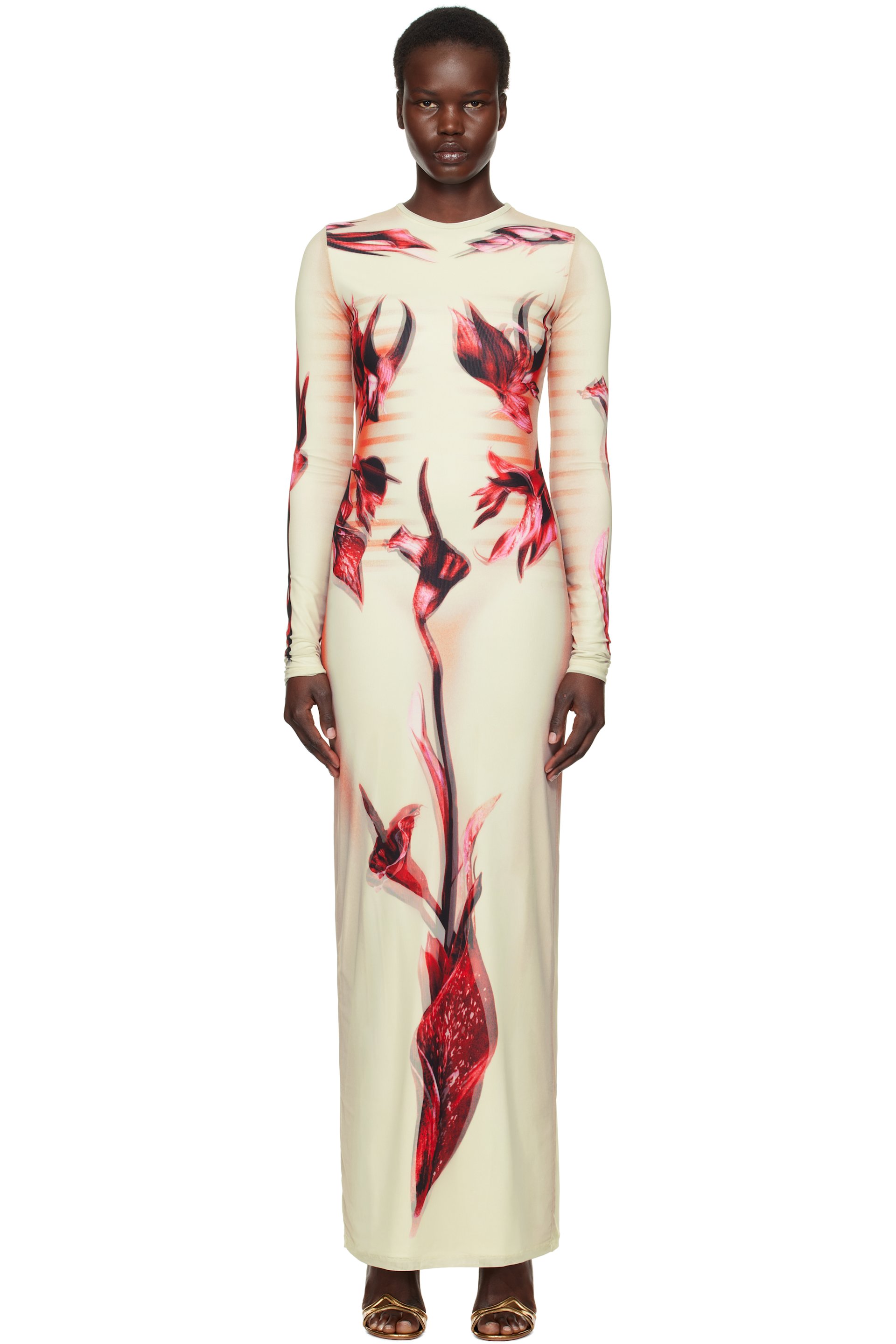 Jean Paul Gaultier - Robe longue vert et rose à motif Body Morphing