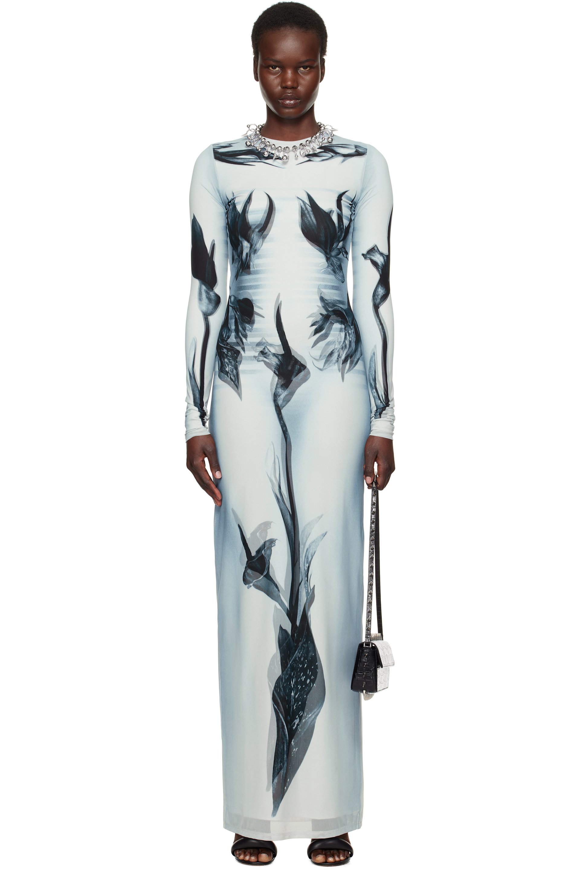 Jean Paul Gaultier - Robe longue gris et noir à motif Body Morphing
