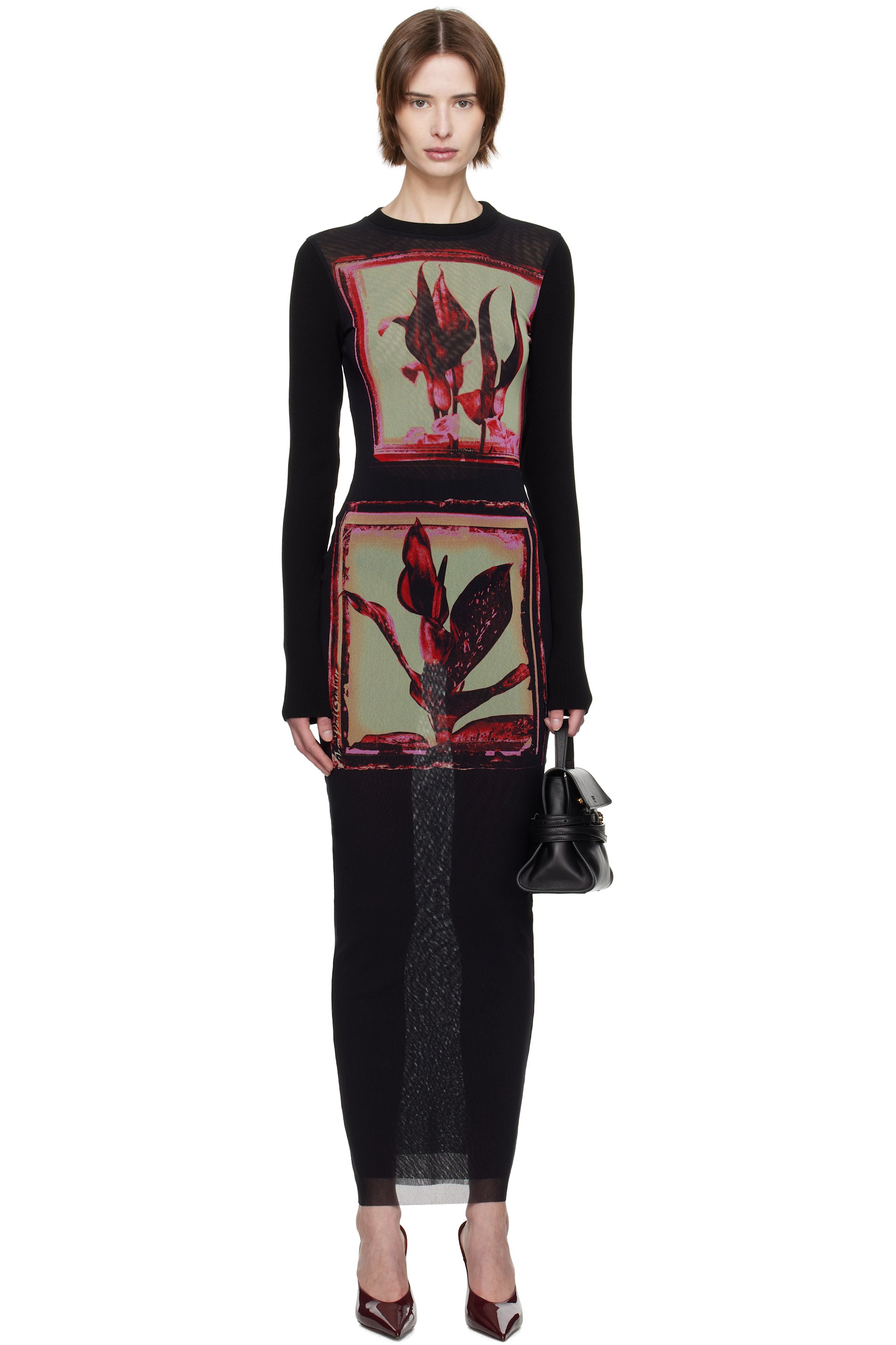 Jean Paul Gaultier - Robe longue noire à images florales