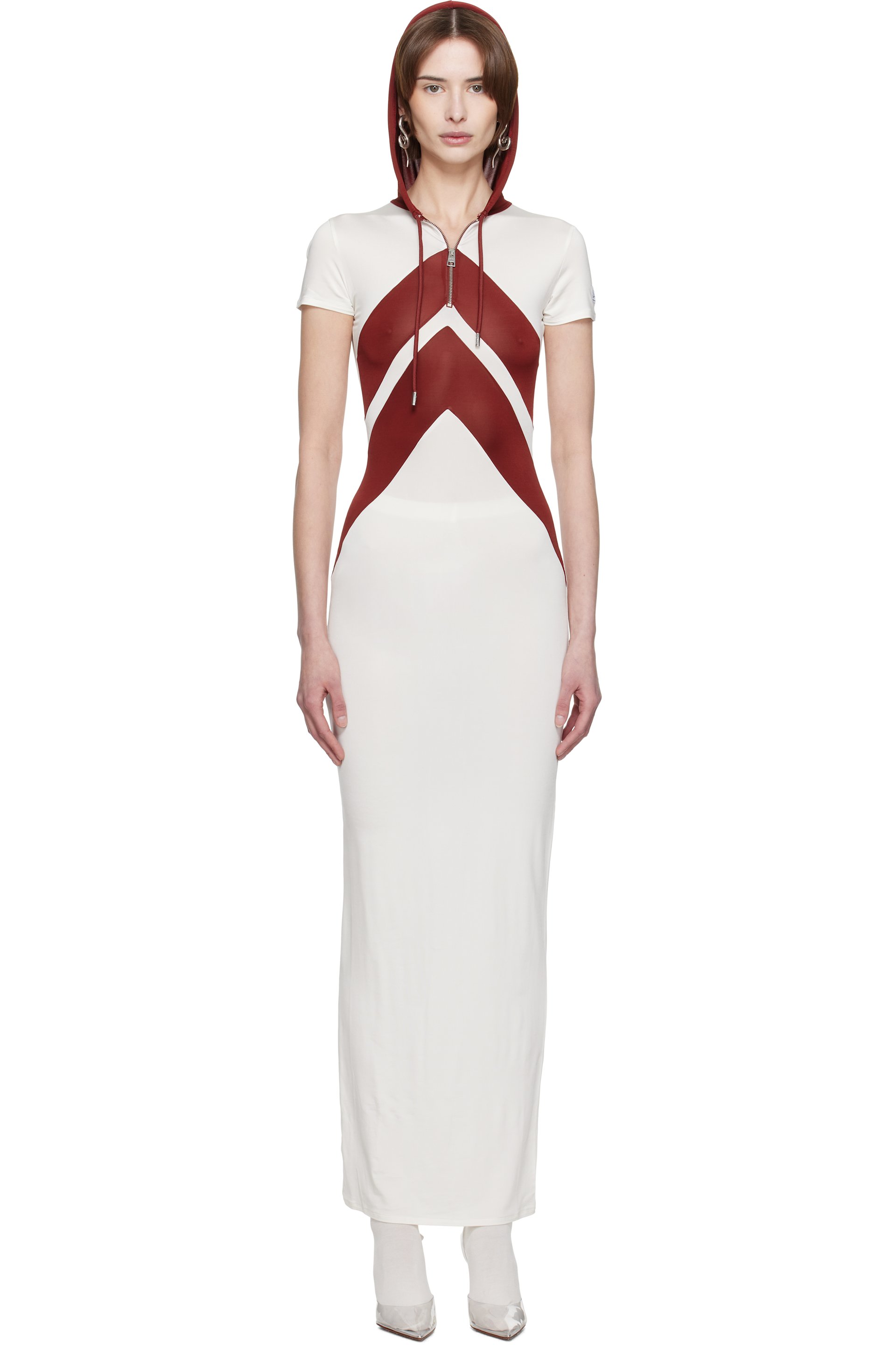 Jean Paul Gaultier - Robe longue blanc et bourgogne à motif chevronné