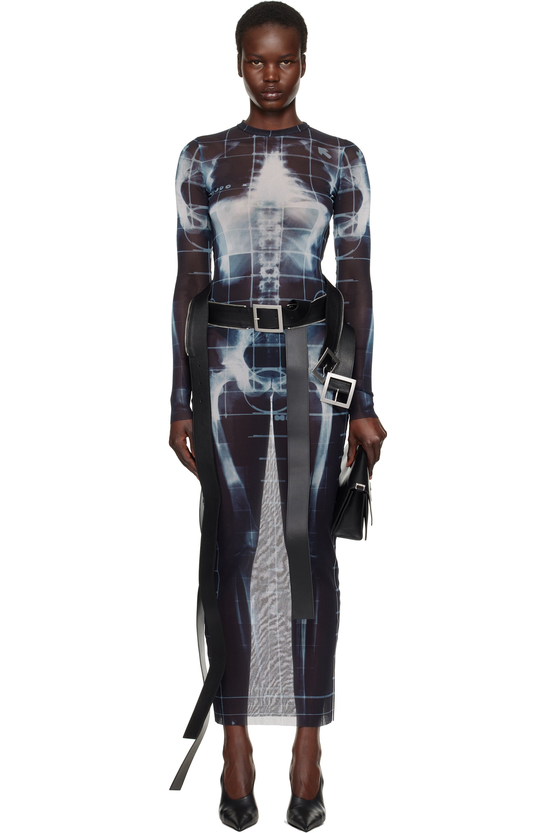 Jean Paul Gaultier - Robe longue noir et bleu à imprimé Squeletor