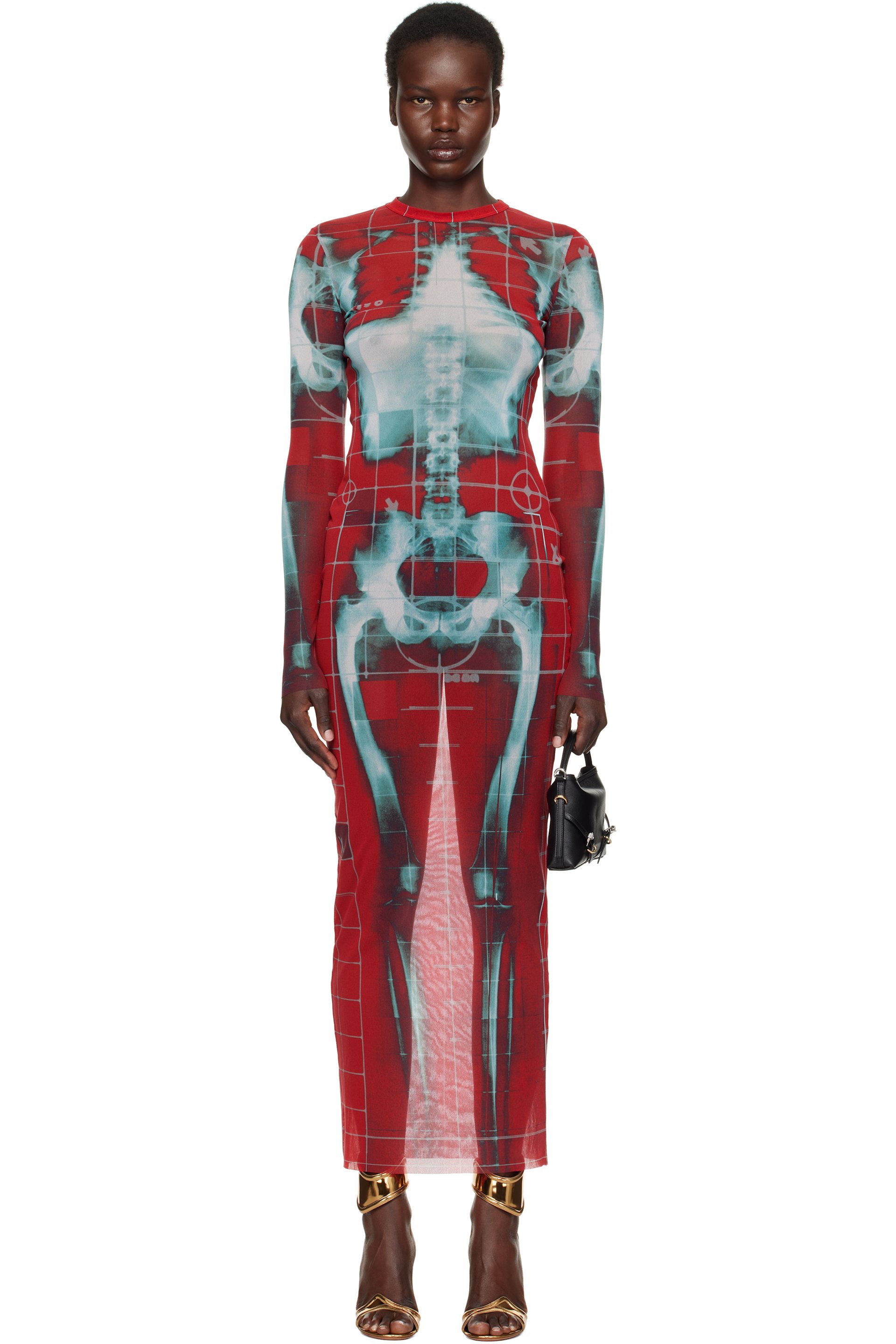 Jean Paul Gaultier - Robe longue rouge et bleu à imprimé Squeletor exclusive à SSENSE