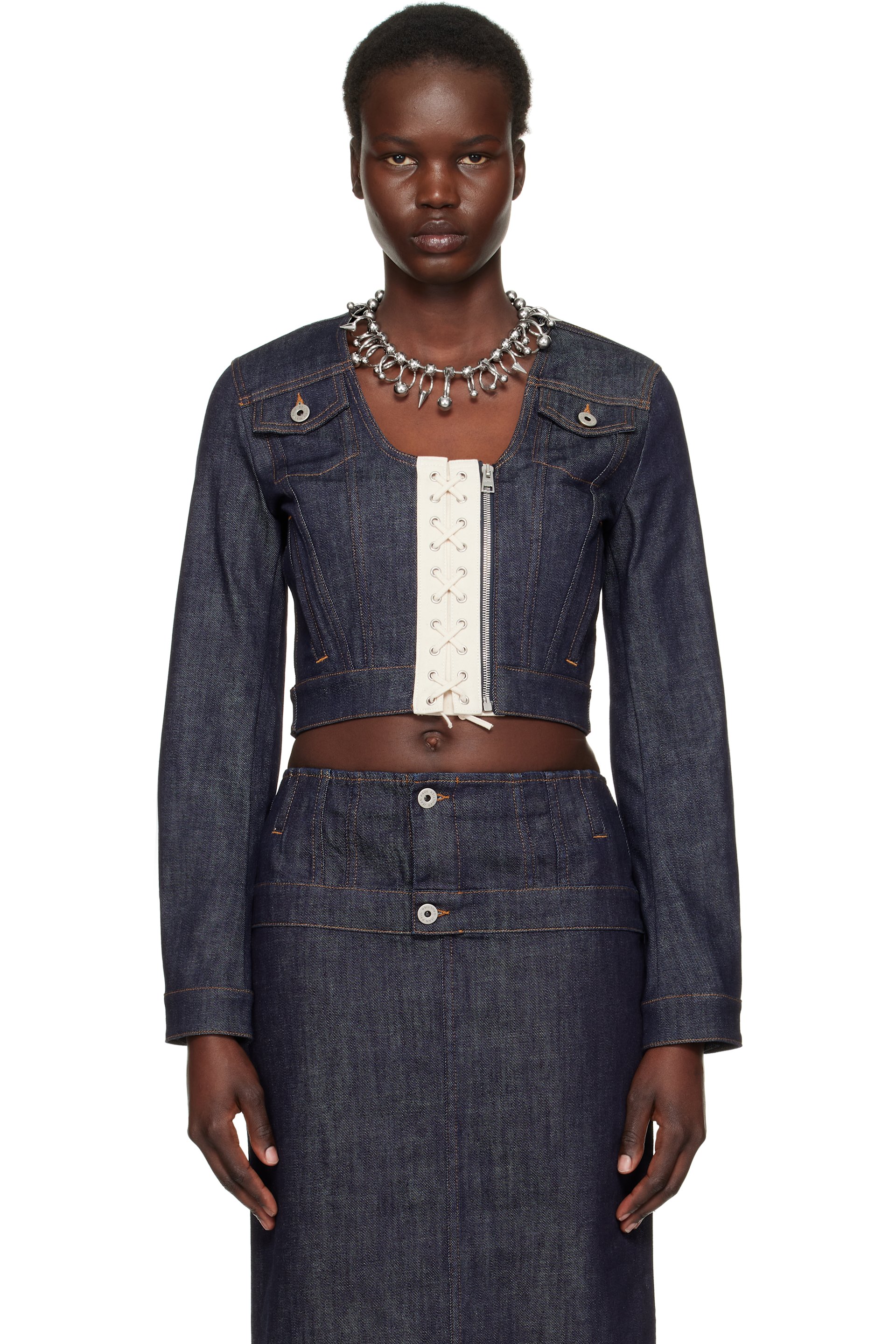 Jean Paul Gaultier - Blouson bleu en denim à ornement lacés contrastants