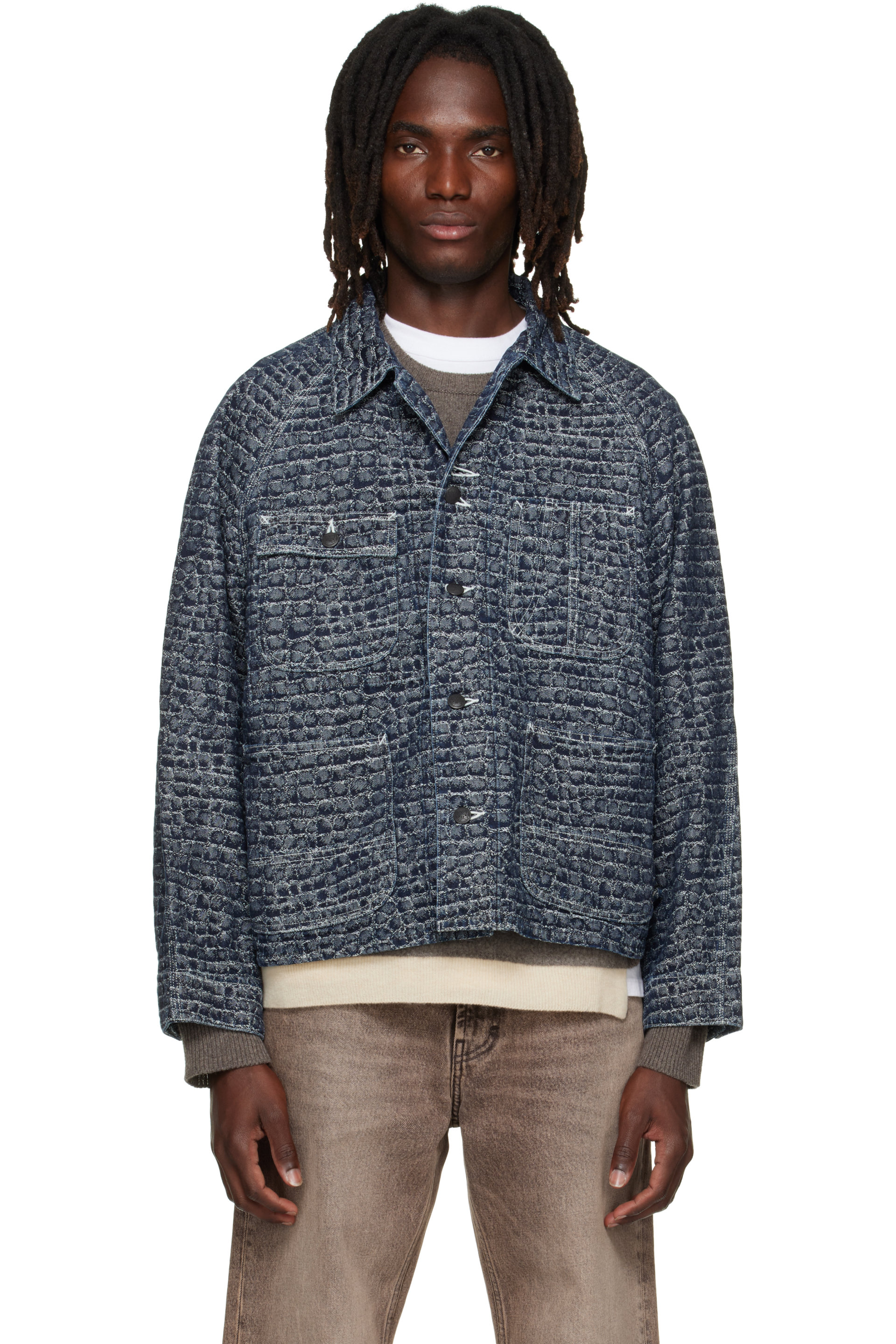 NEEDLES - Blouson court bleu marine en denim à motif crocodile en jacquard