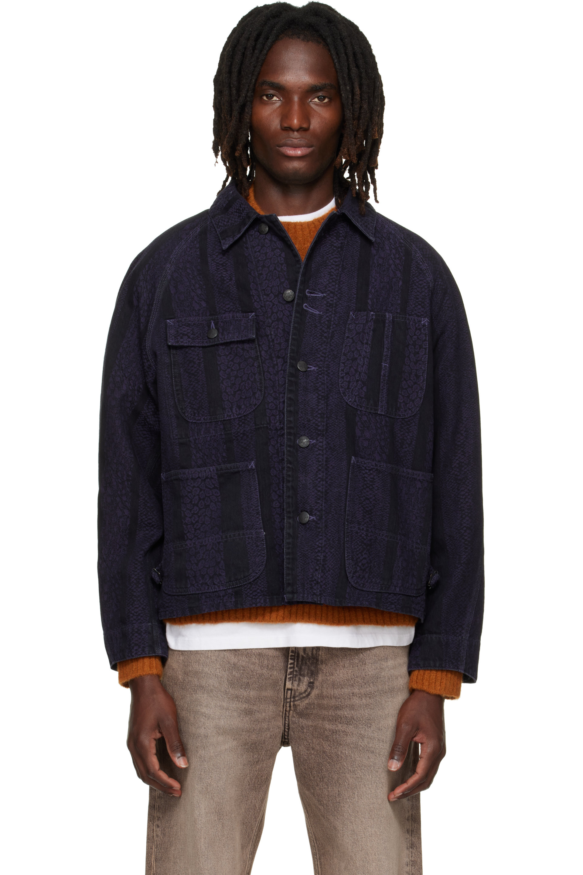 NEEDLES - Blouson court noir en denim à motif serpent en jacquard