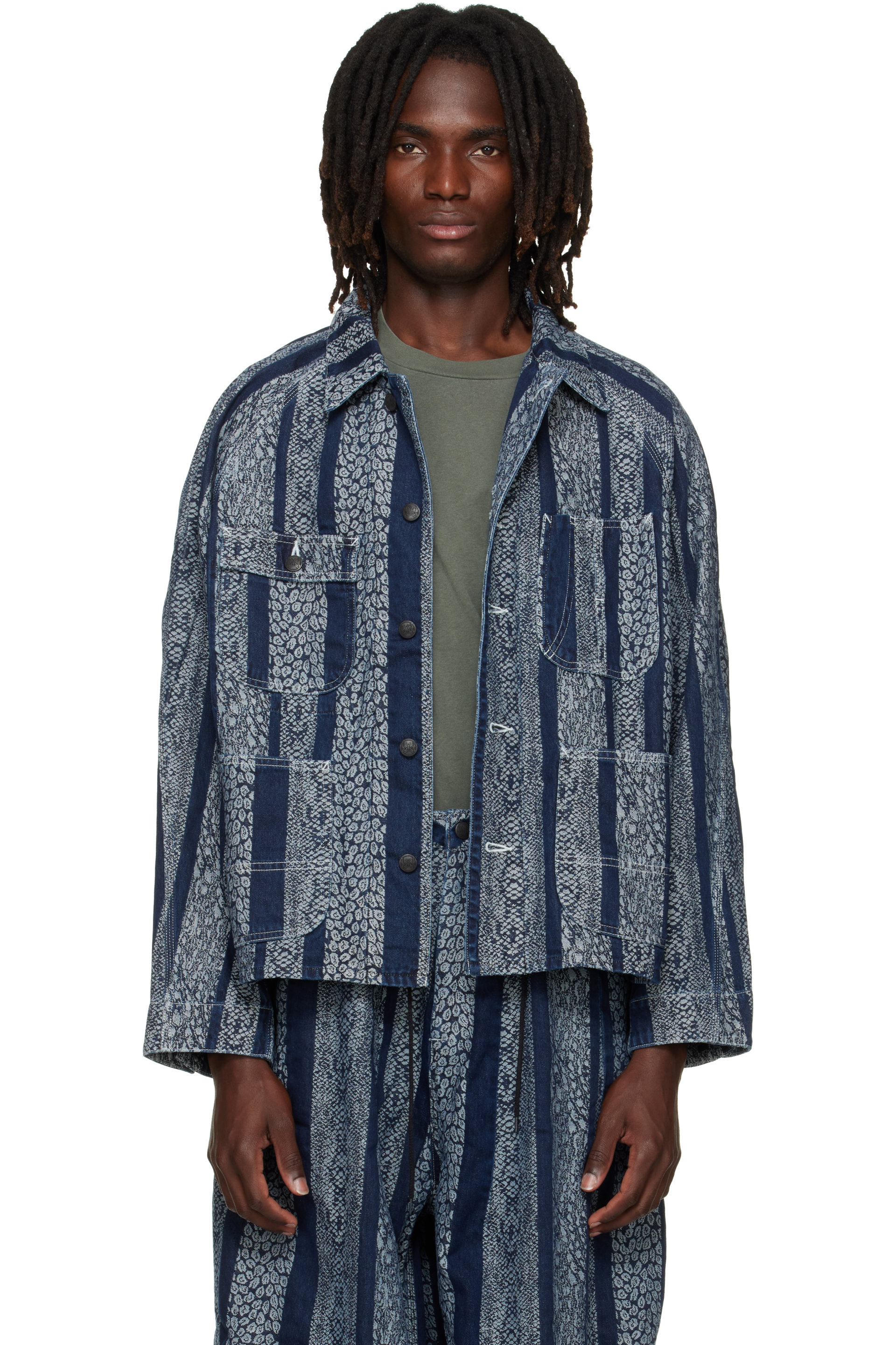 NEEDLES - Blouson court bleu marine en denim à motif serpent en jacquard