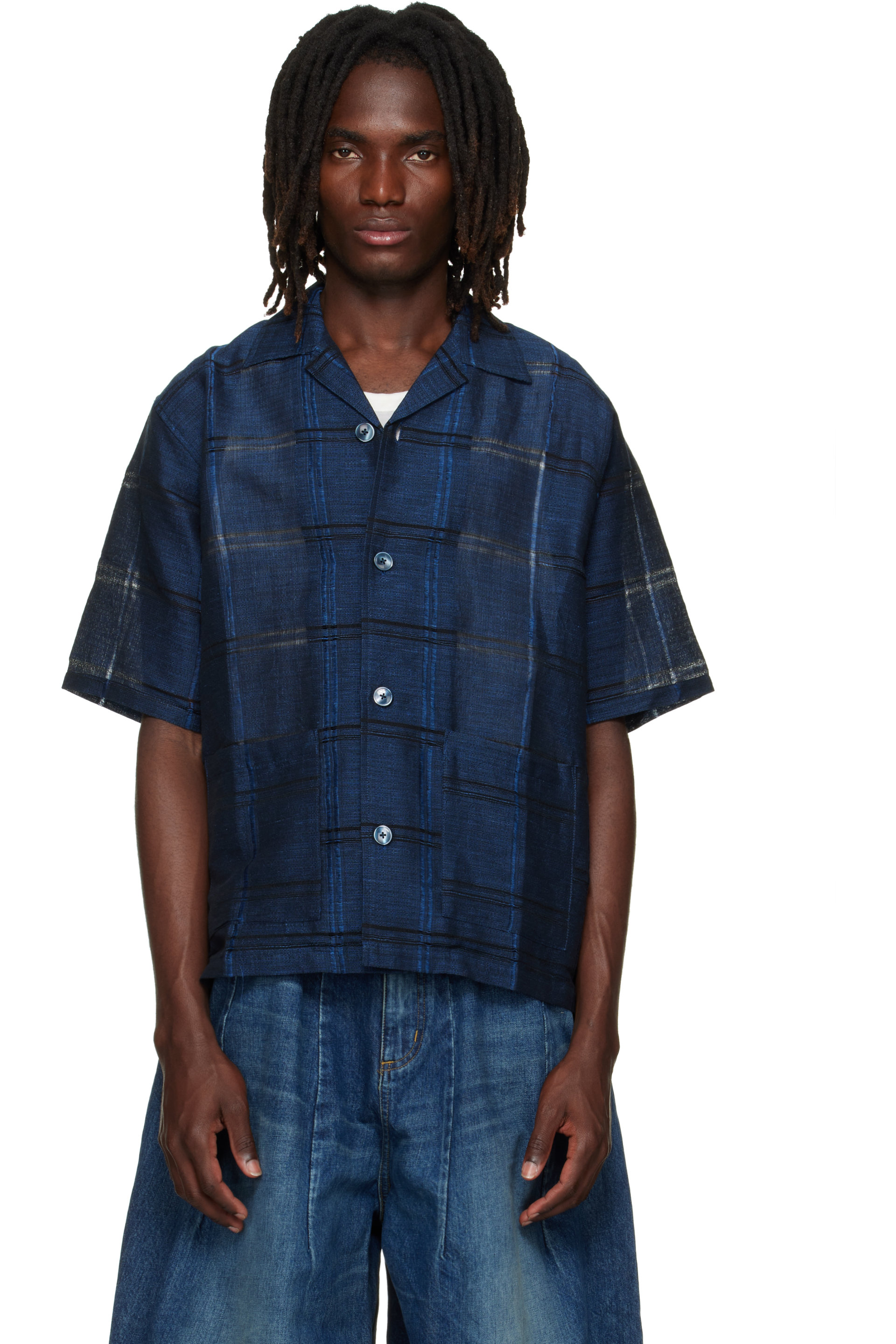 NEEDLES - Chemise de camp bleue à motif écossais