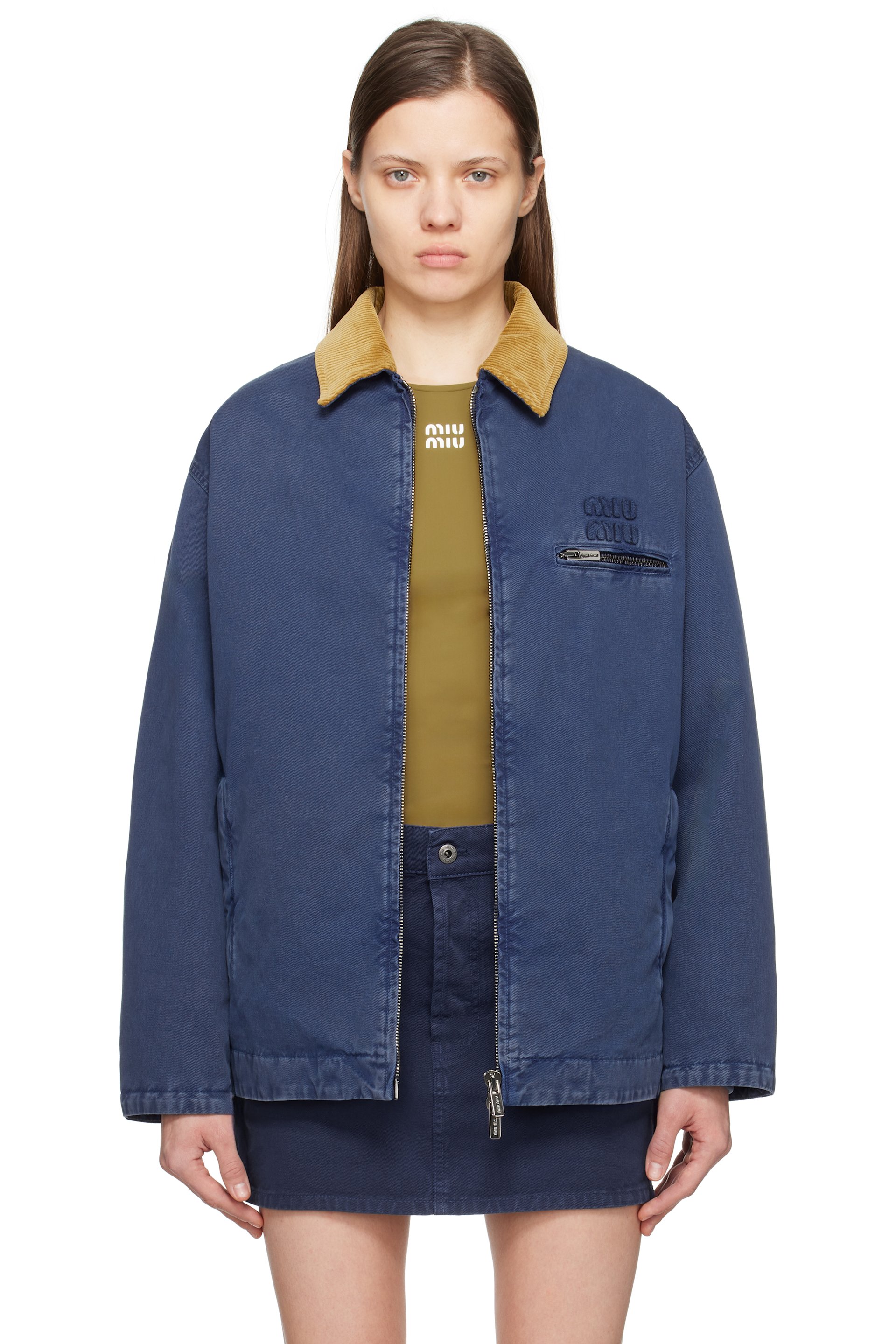 Miu Miu - Blouson teint en plongée bleu marine en gabardine à appliqués à logo