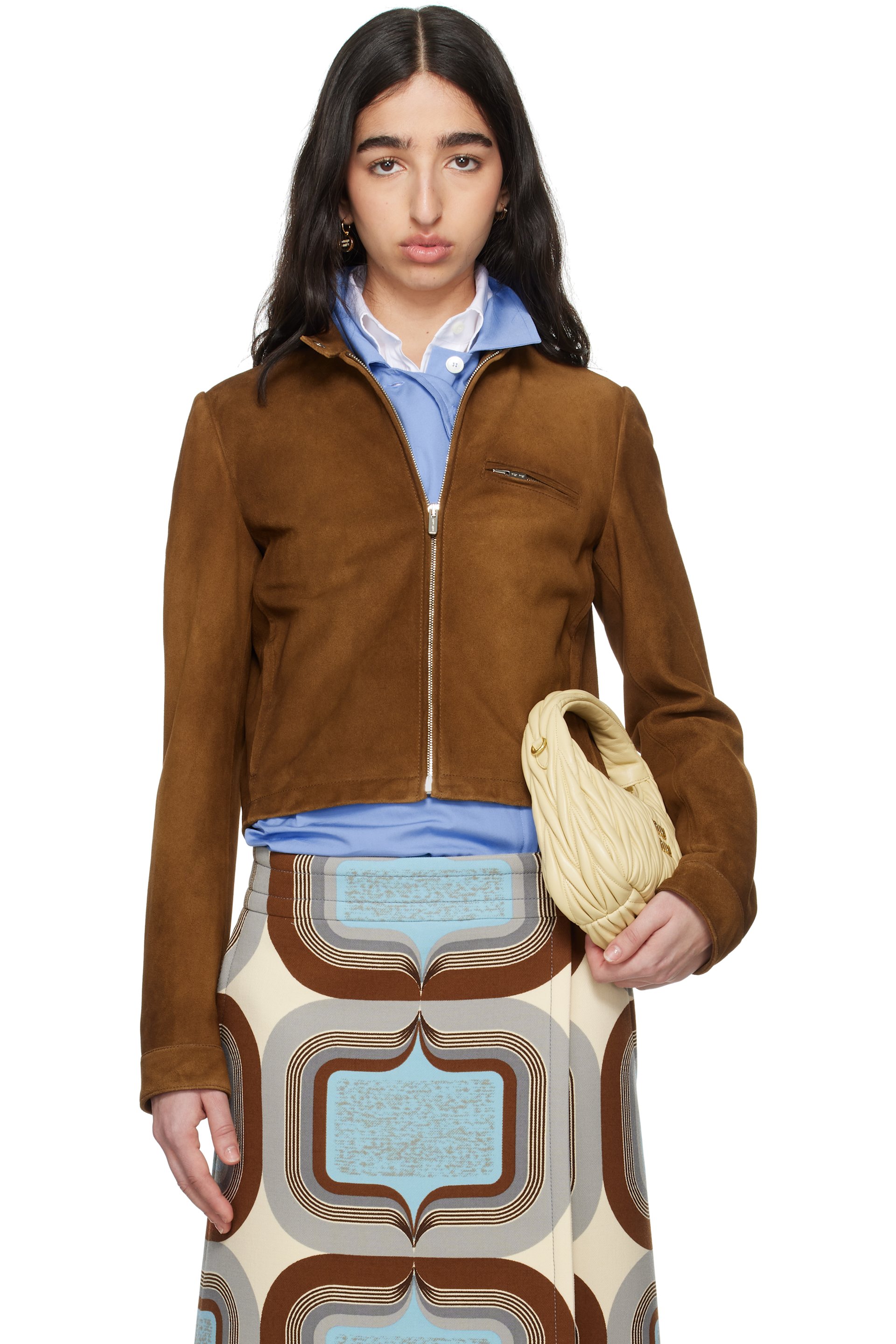 Miu Miu - Blouson brun clair en suède de veau