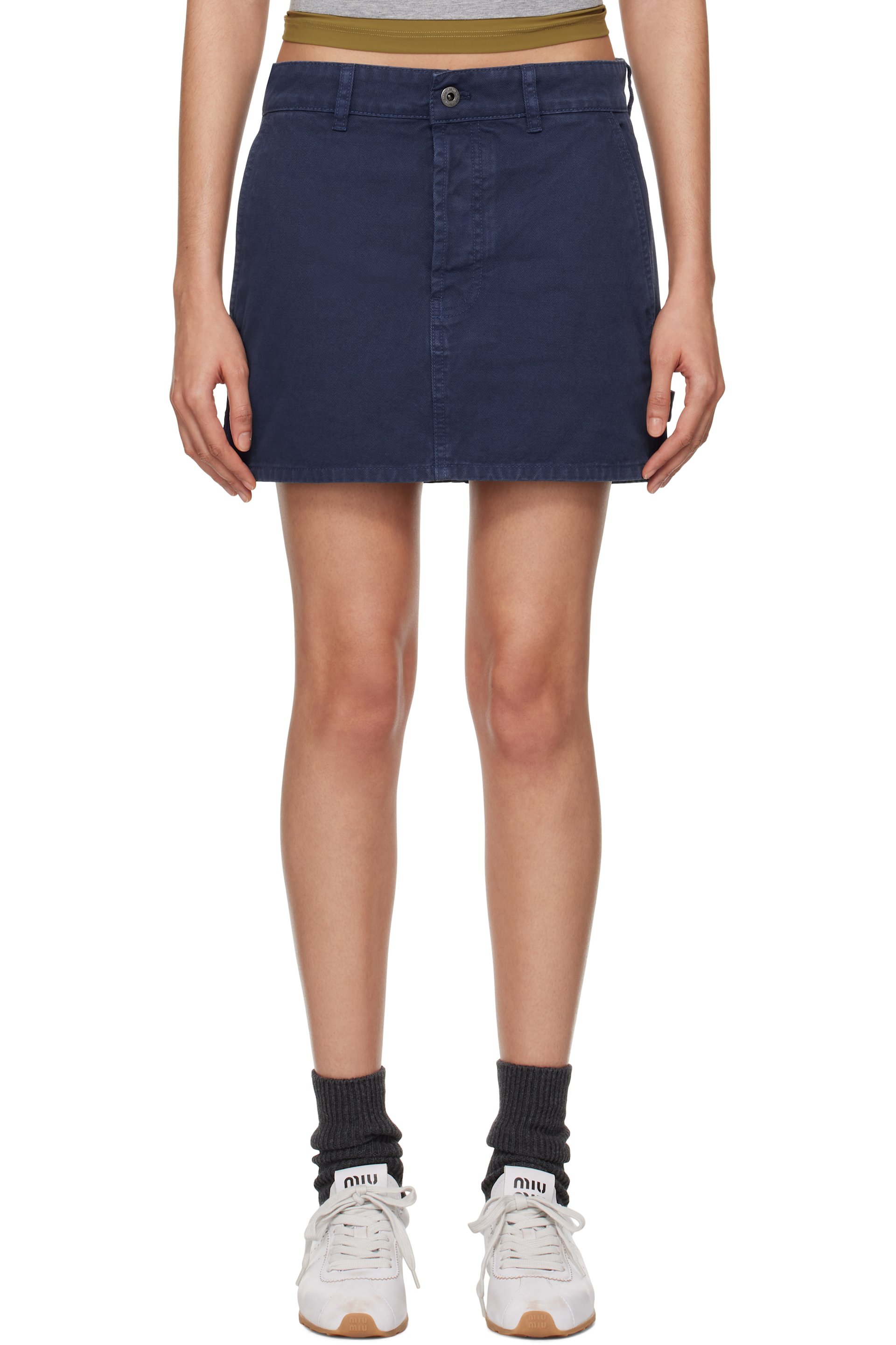 Miu Miu - Minijupe bleu marine en denim à appliqués à logo