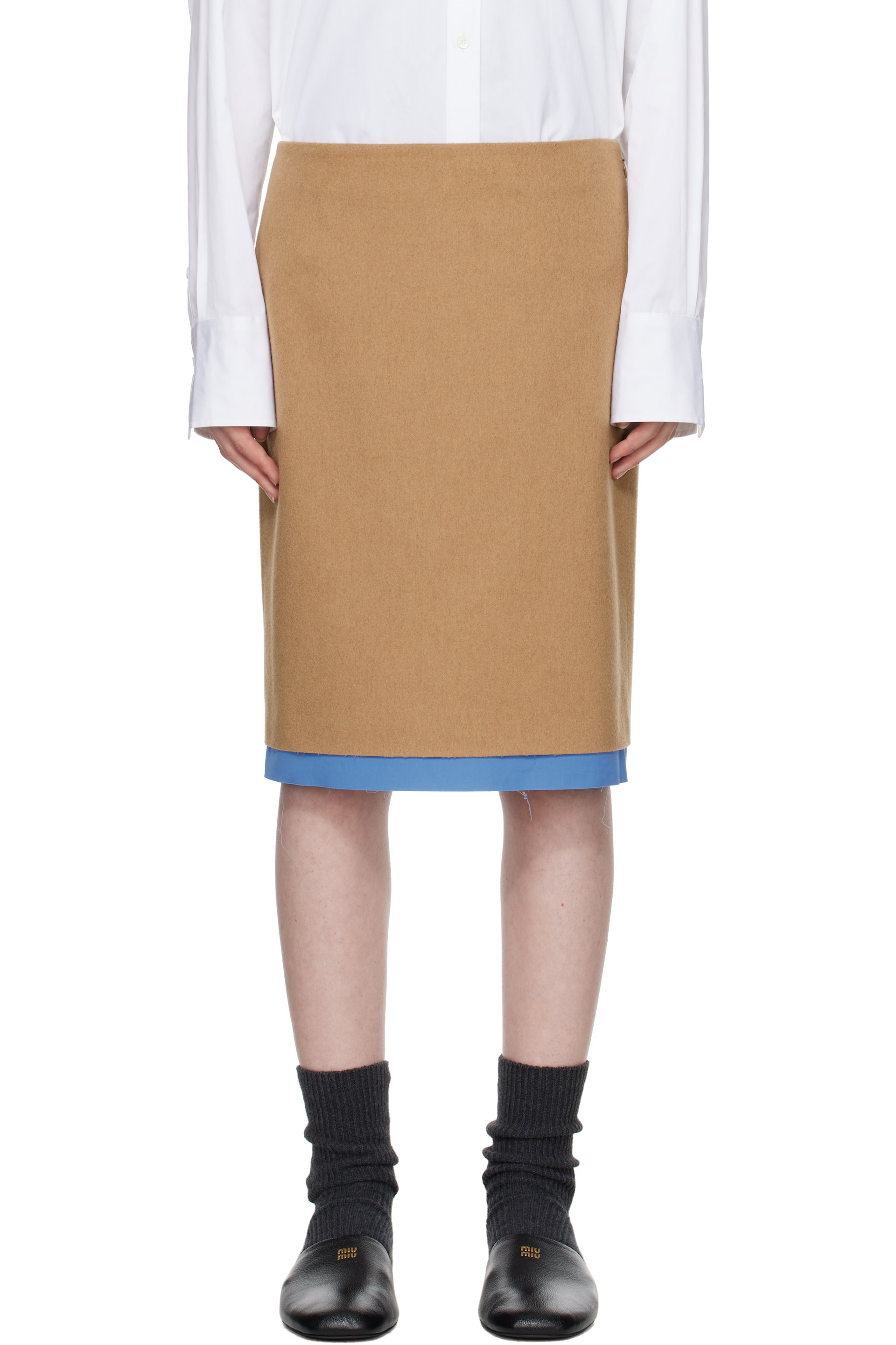 Miu Miu - Jupe midi beige en laine de chameau