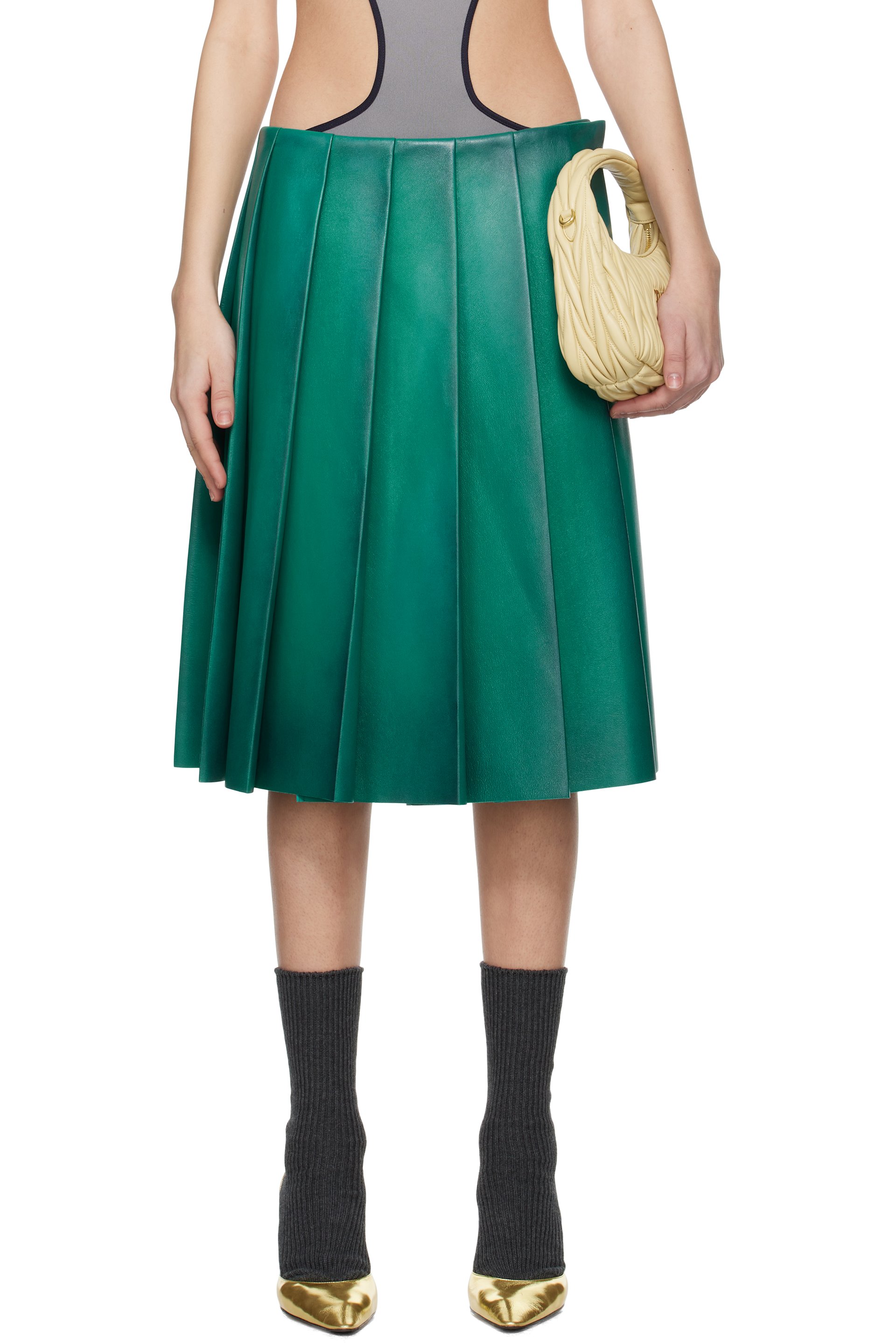 Miu Miu - Jupe midi bleue en cuir nappa à plis