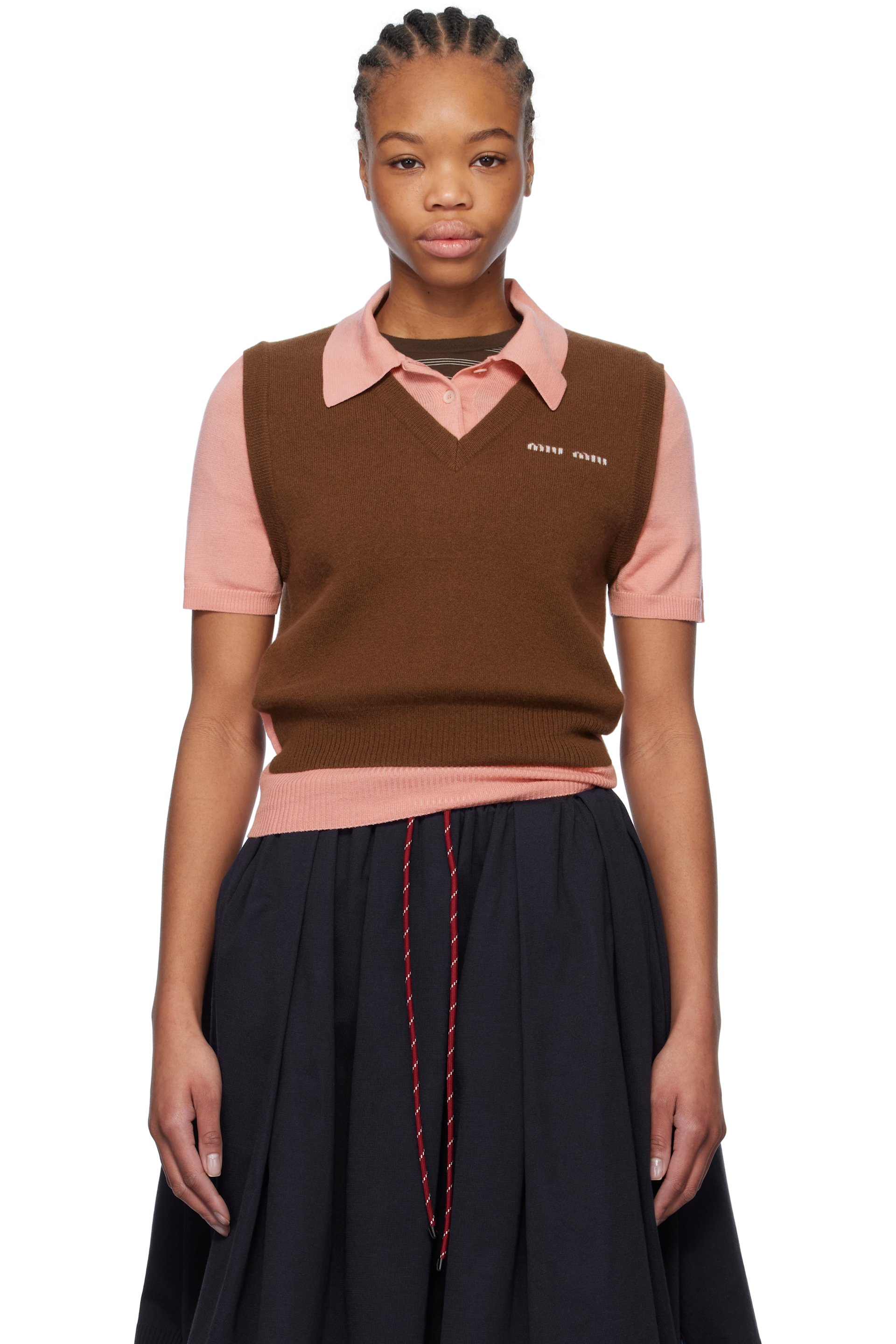 Miu Miu - Pull de style polo brun en cachemire et laine