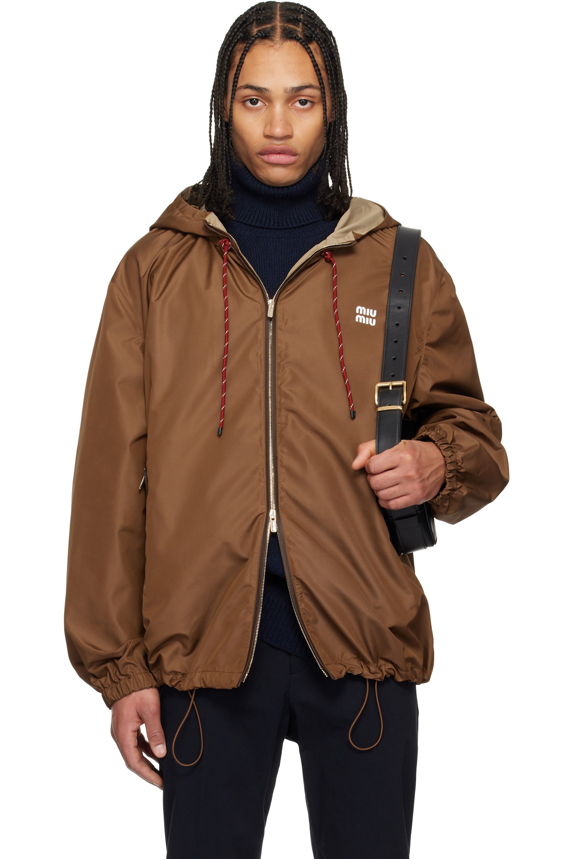 Miu Miu - Blouson brun en taffetas technique à capuche