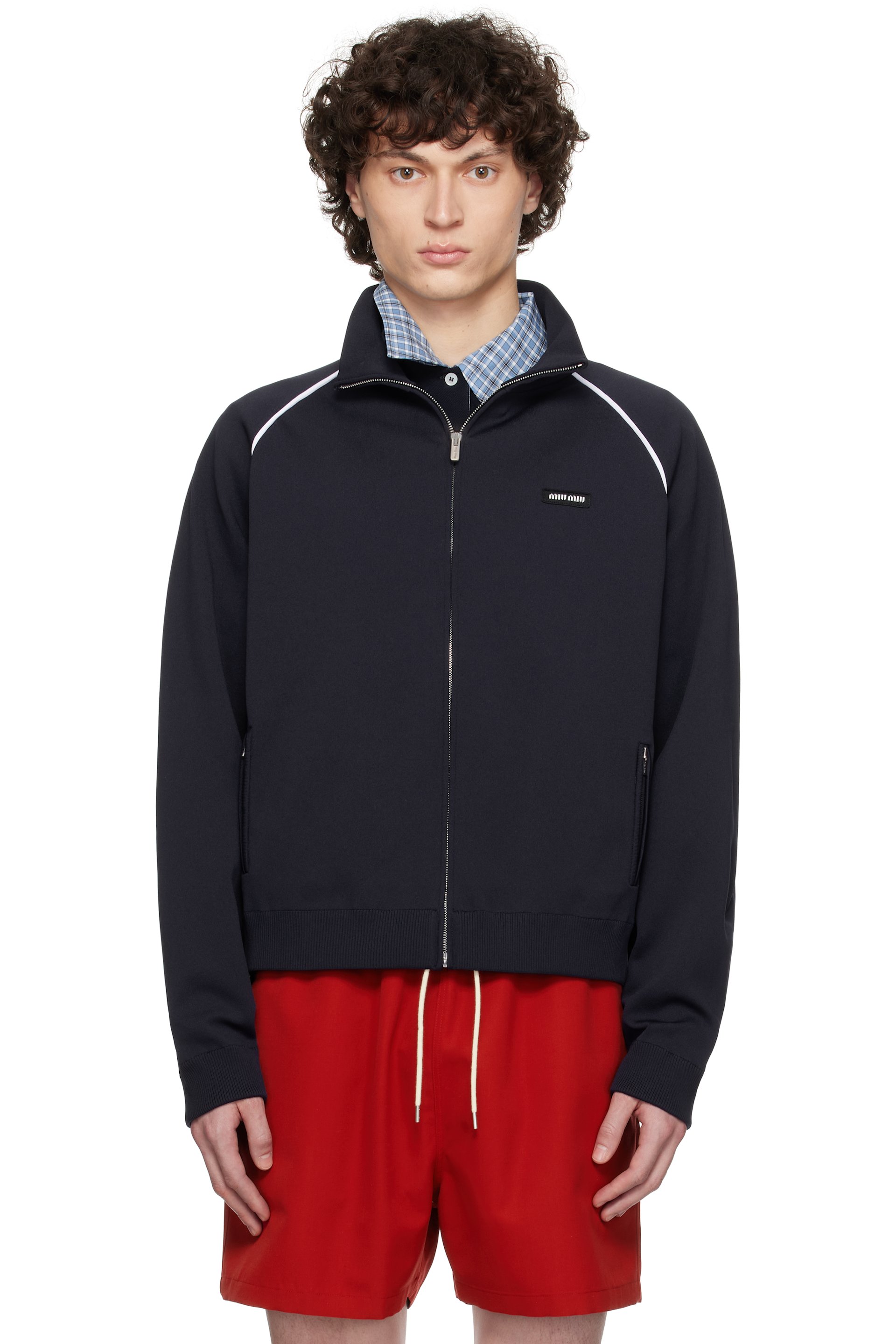Miu Miu - Blouson de survêtement bleu marine en nylon technique à glissière