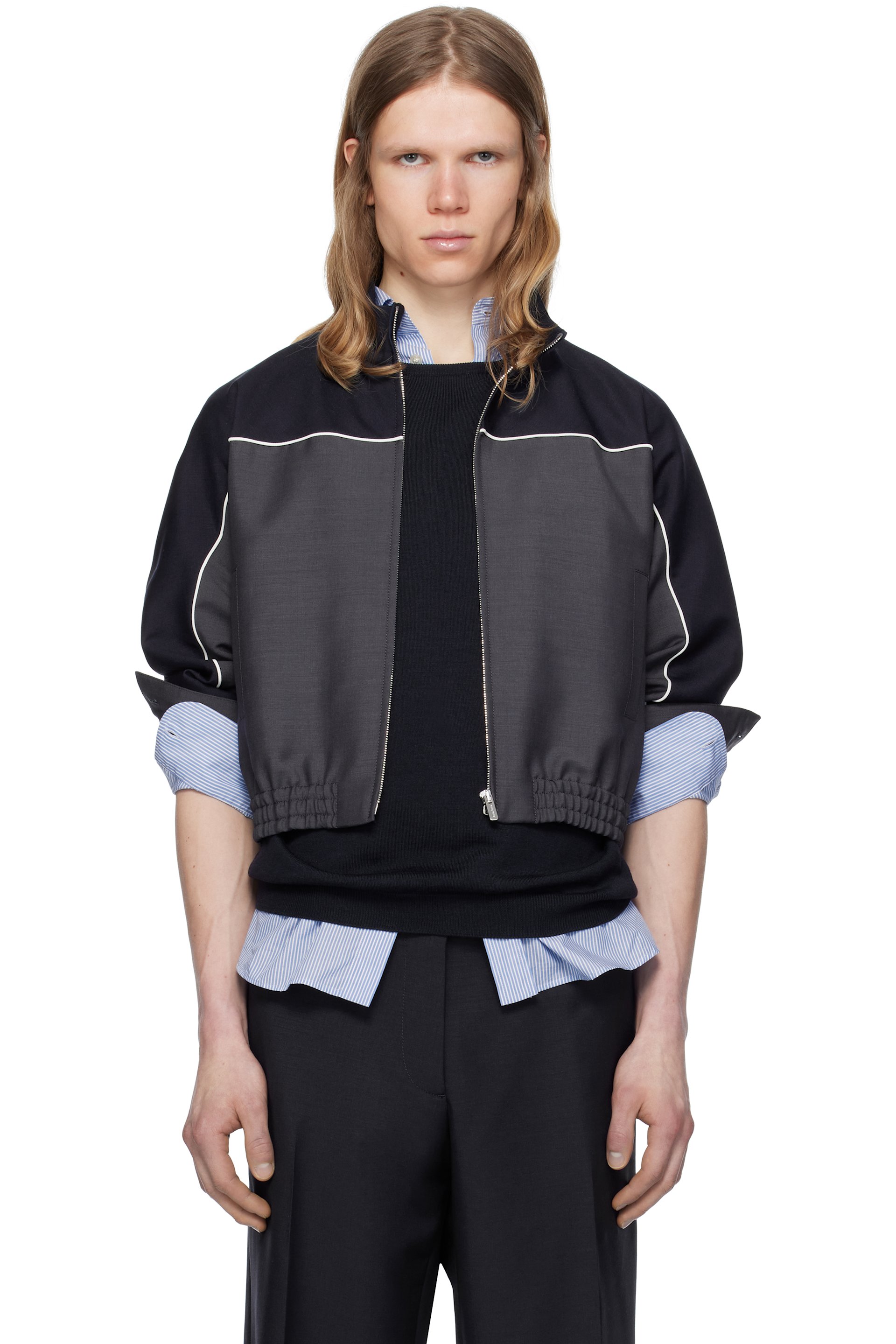 Miu Miu - Blouson bleu marine et gris en mohair kid à glissière