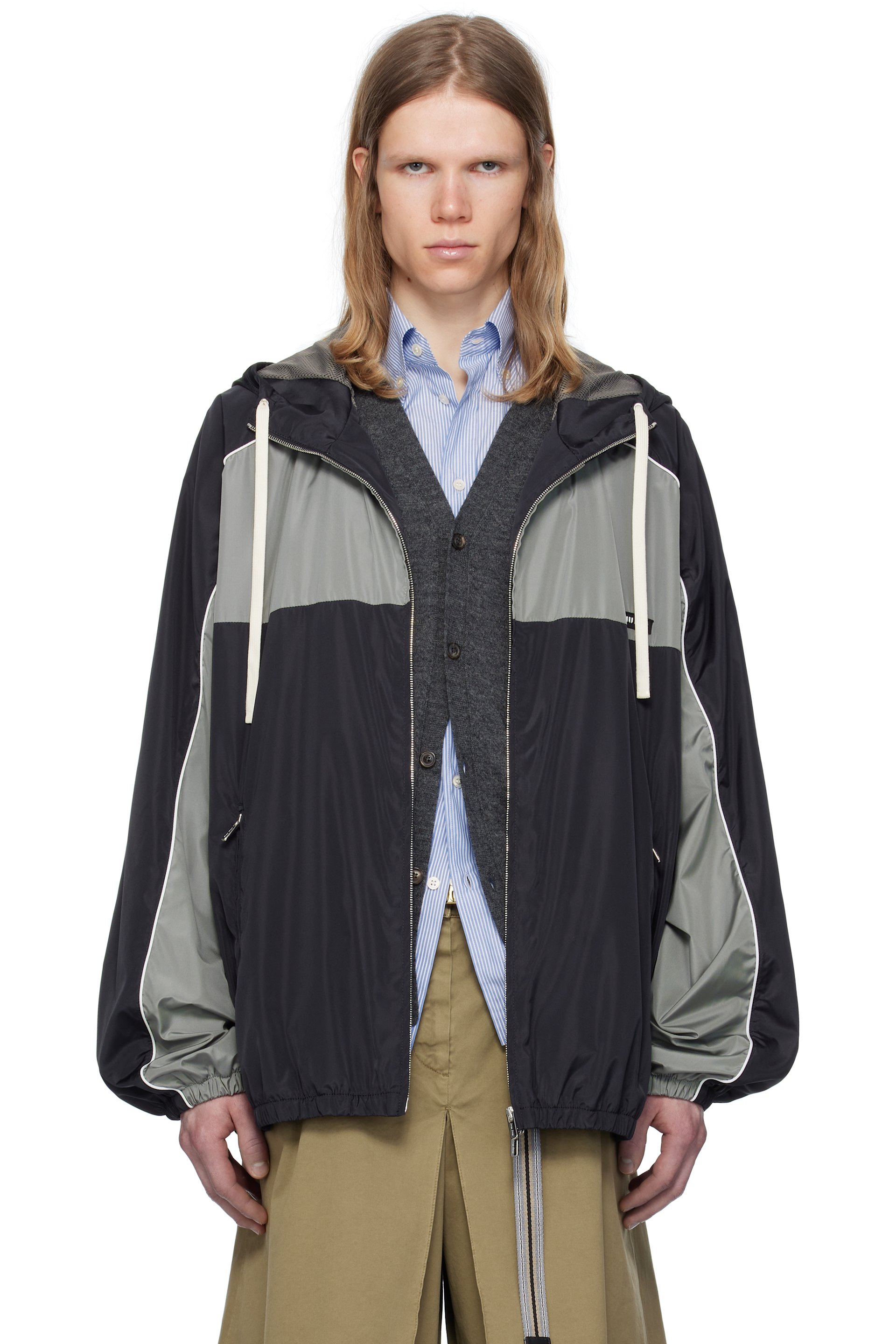 Miu Miu - Blouson technique bleu marine et gris en soie à glissière